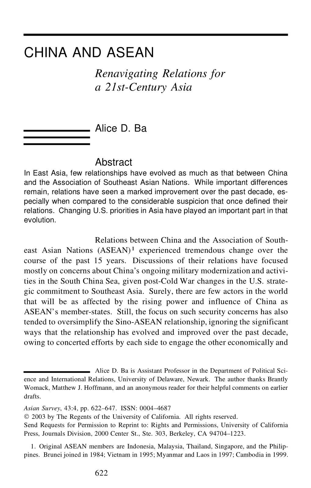 China and Asean: Renavigating Relations for a 21St-Century Asia