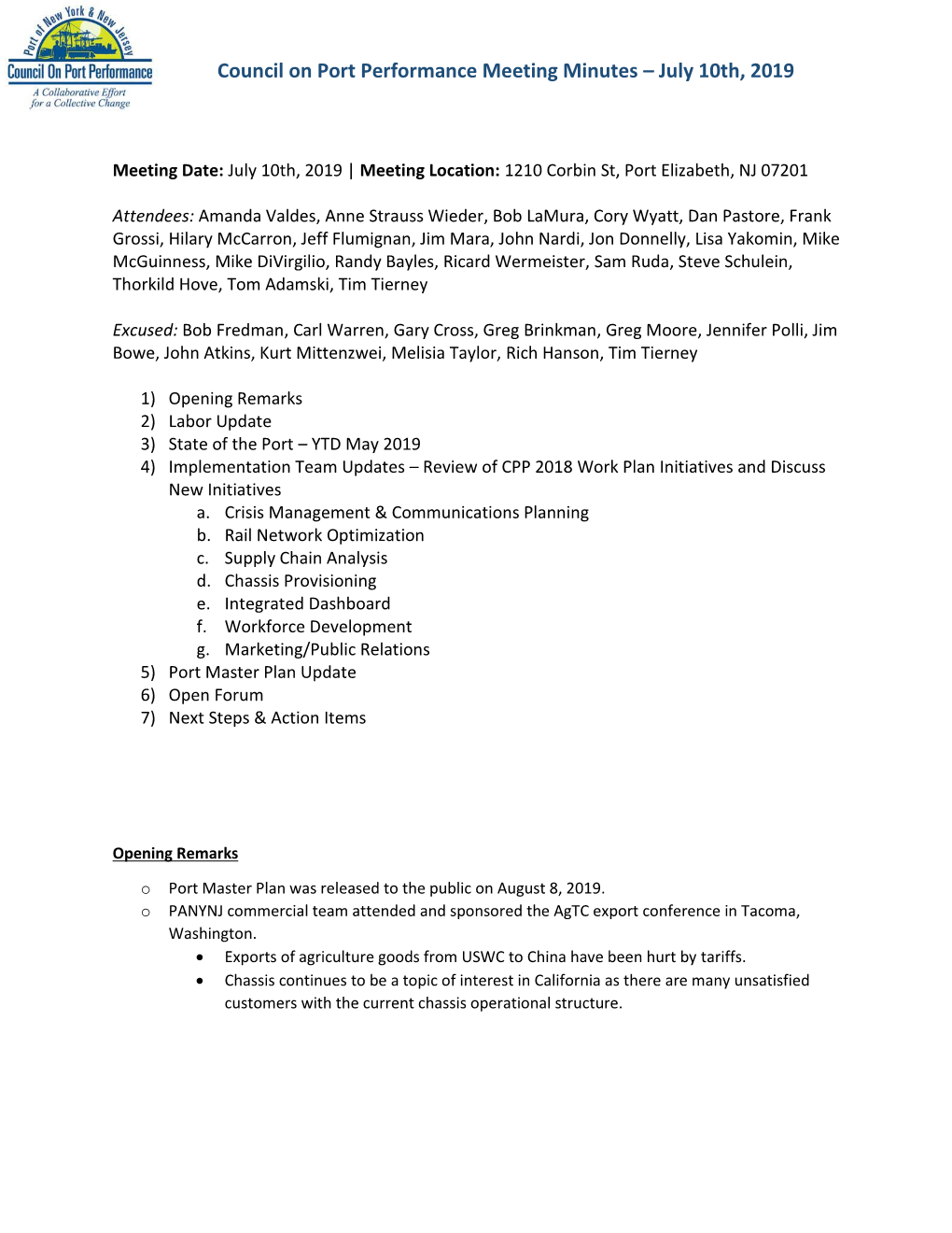 Council on Port Performance Meeting Minutes – July 10Th, 2019
