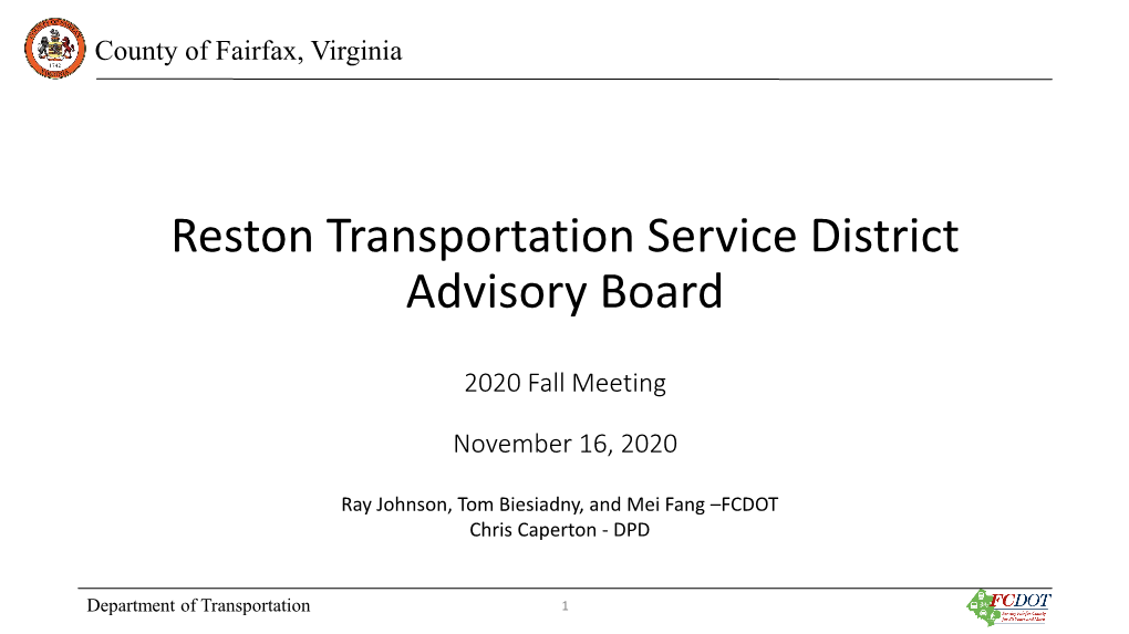 Reston (Transportation) Funding Plan Overview