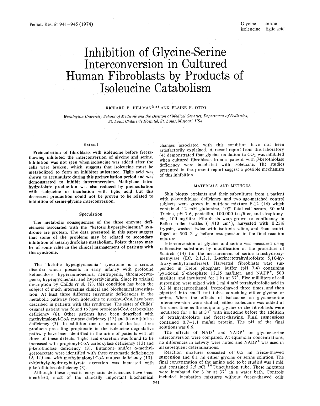 Inhibition of Glycine-Serine Interconversion in Cultured Human Fibroblasts by Products of Isoleucine Catabolism