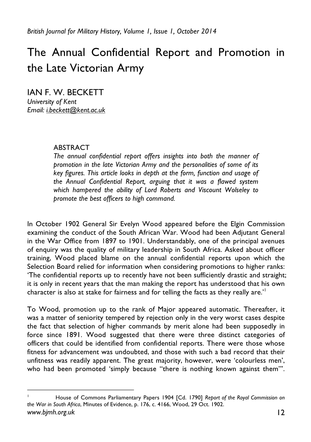 The Annual Confidential Report and Promotion in the Late Victorian Army