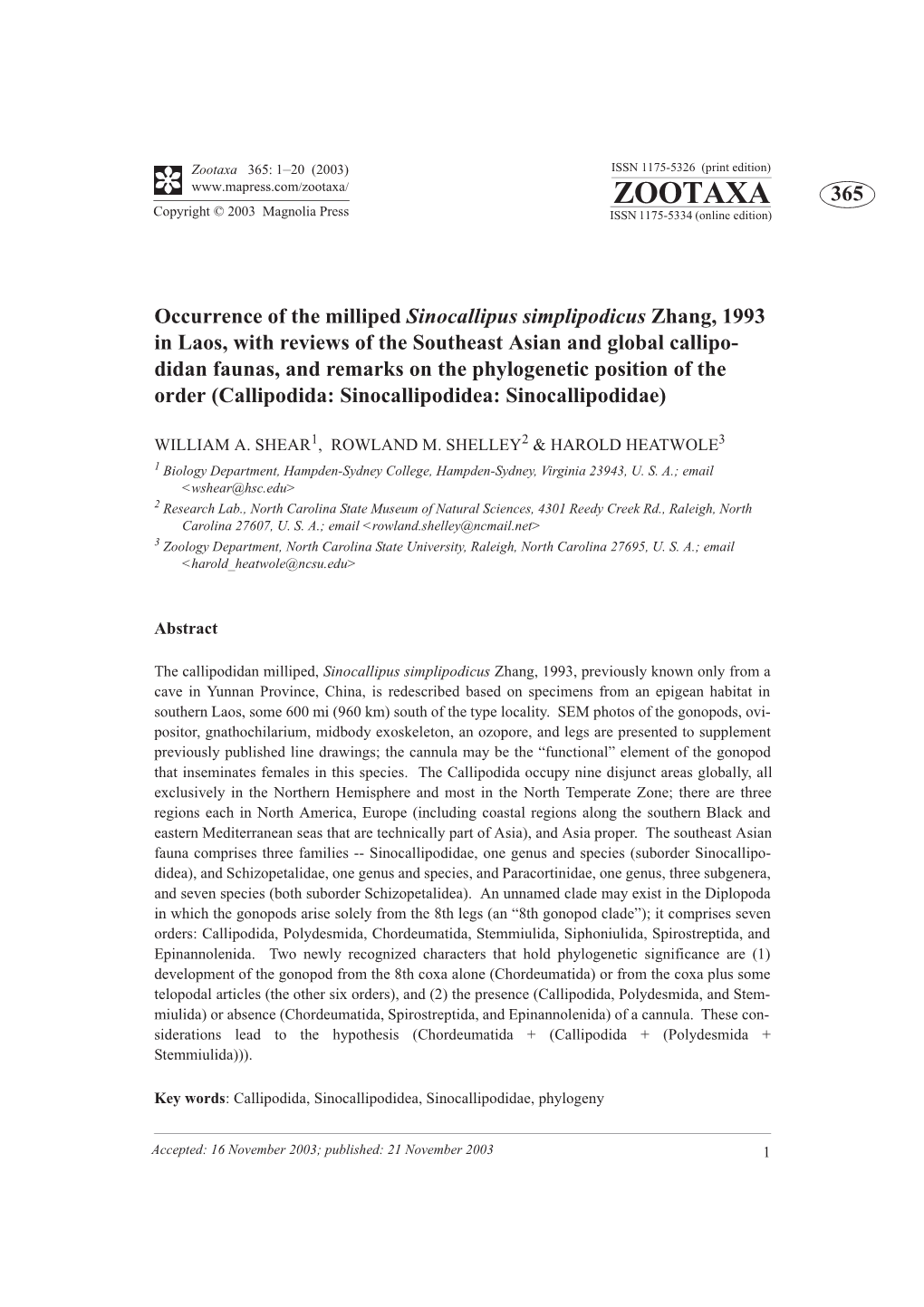 Zootaxa 365: 1–20 (2003) ISSN 1175-5326 (Print Edition) ZOOTAXA 365 Copyright © 2003 Magnolia Press ISSN 1175-5334 (Online Edition)