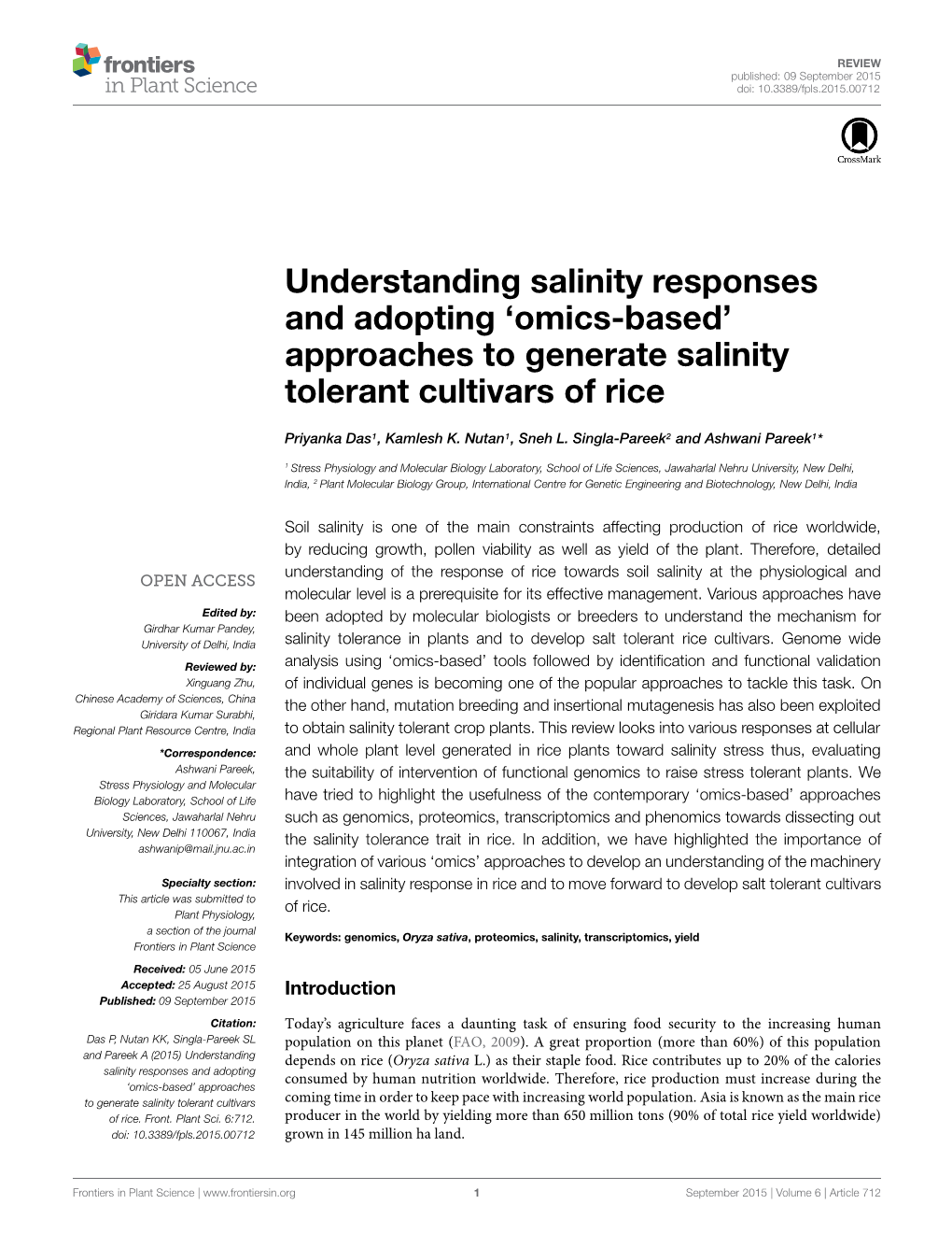 Approaches to Generate Salinity Tolerant Cultivars of Rice