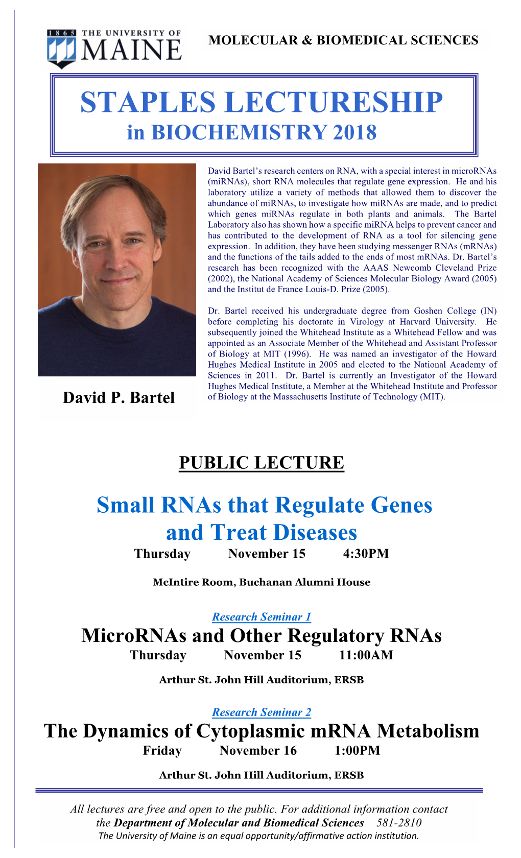 STAPLES LECTURESHIP in BIOCHEMISTRY 2018