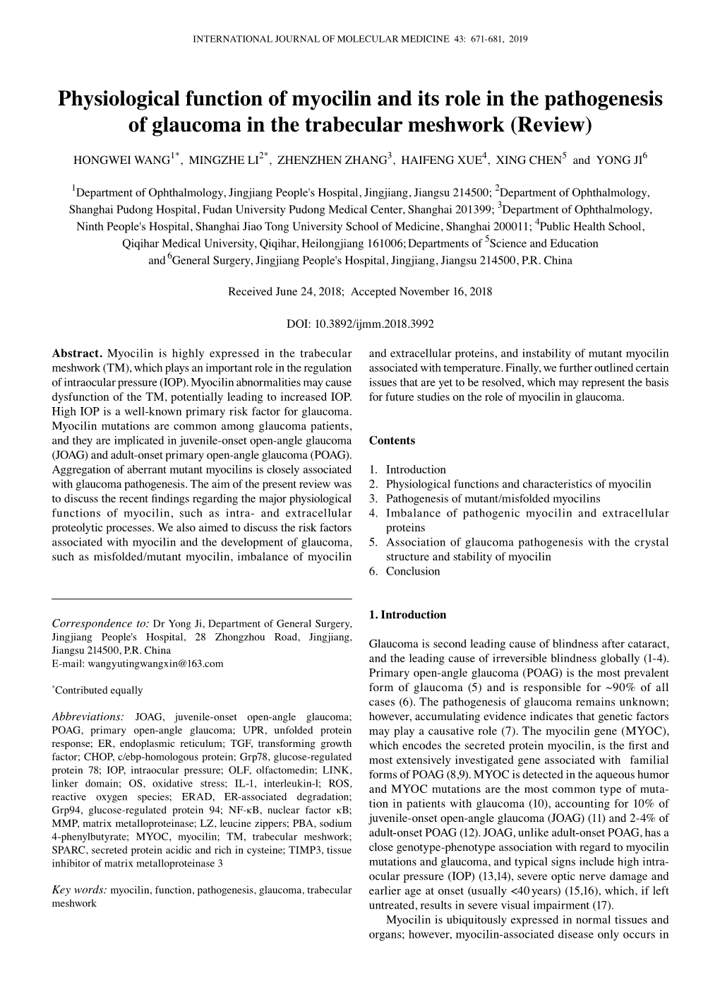 Physiological Function of Myocilin and Its Role in the Pathogenesis of Glaucoma in the Trabecular Meshwork (Review)