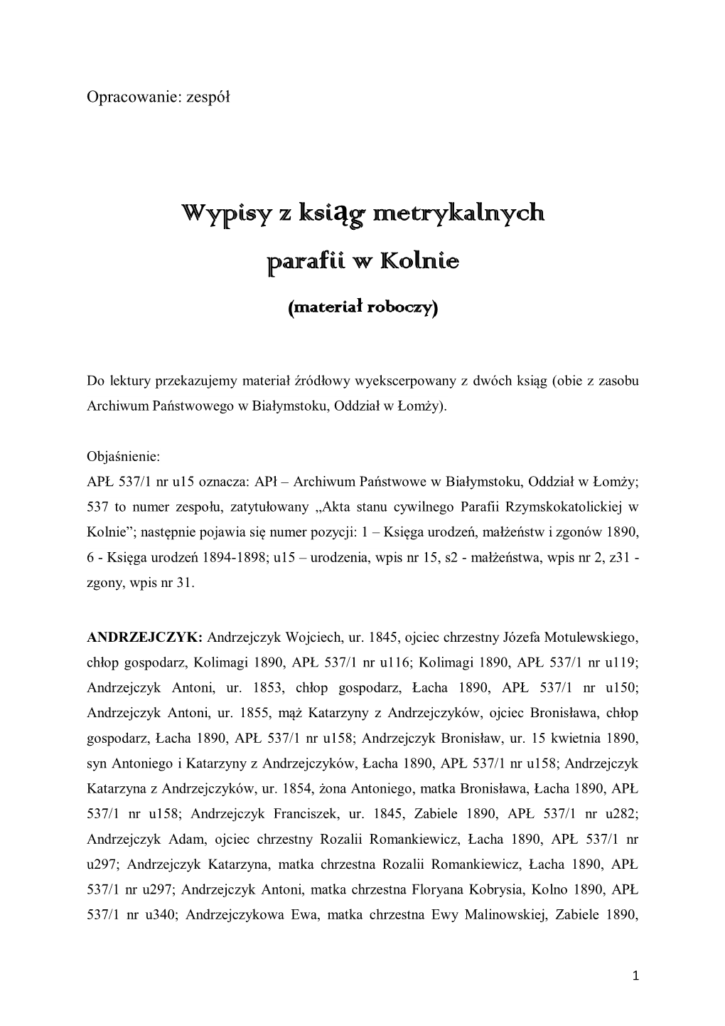 Wypisy Z Ksiąg Metrykalnych Parafii W Kolnie