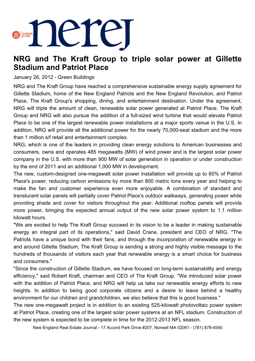 NRG and the Kraft Group to Triple Solar Power at Gillette Stadium And