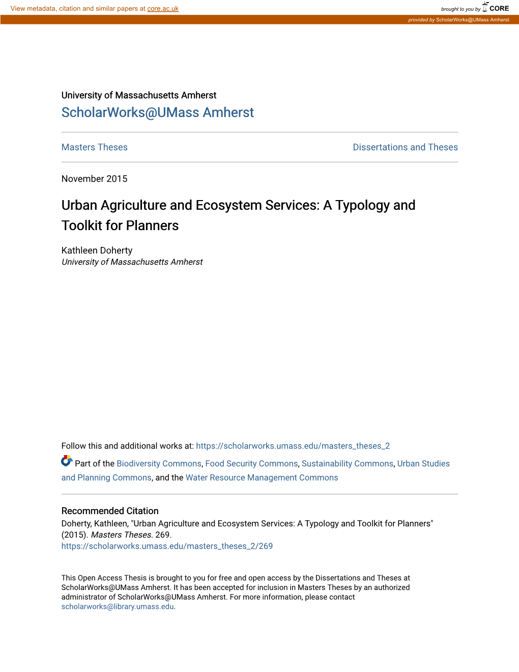 Urban Agriculture and Ecosystem Services: a Typology and Toolkit for Planners