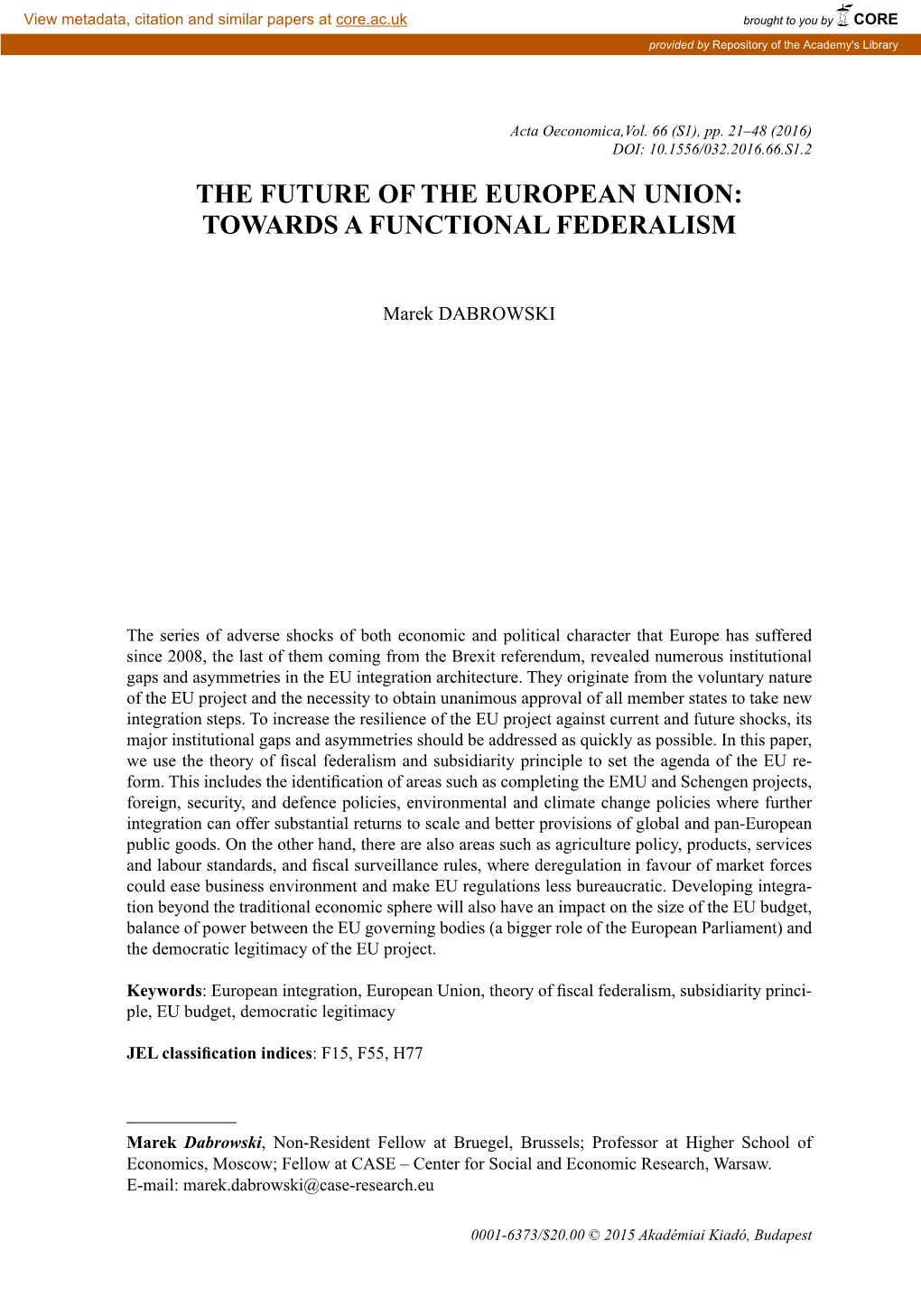 The Future of the European Union: Towards a Functional Federalism