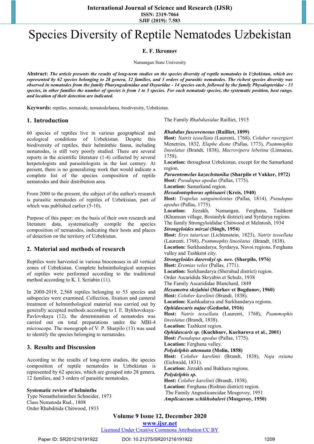 Species Diversity of Reptile Nematodes Uzbekistan