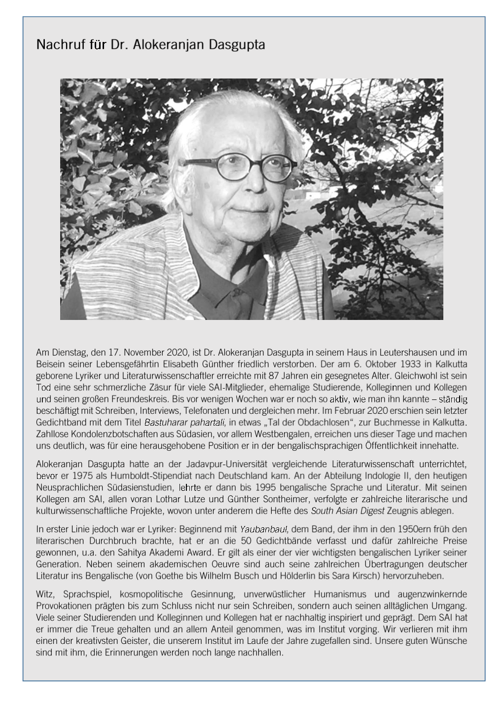 Obituary for Dr. Alokeranjan Dasgupta