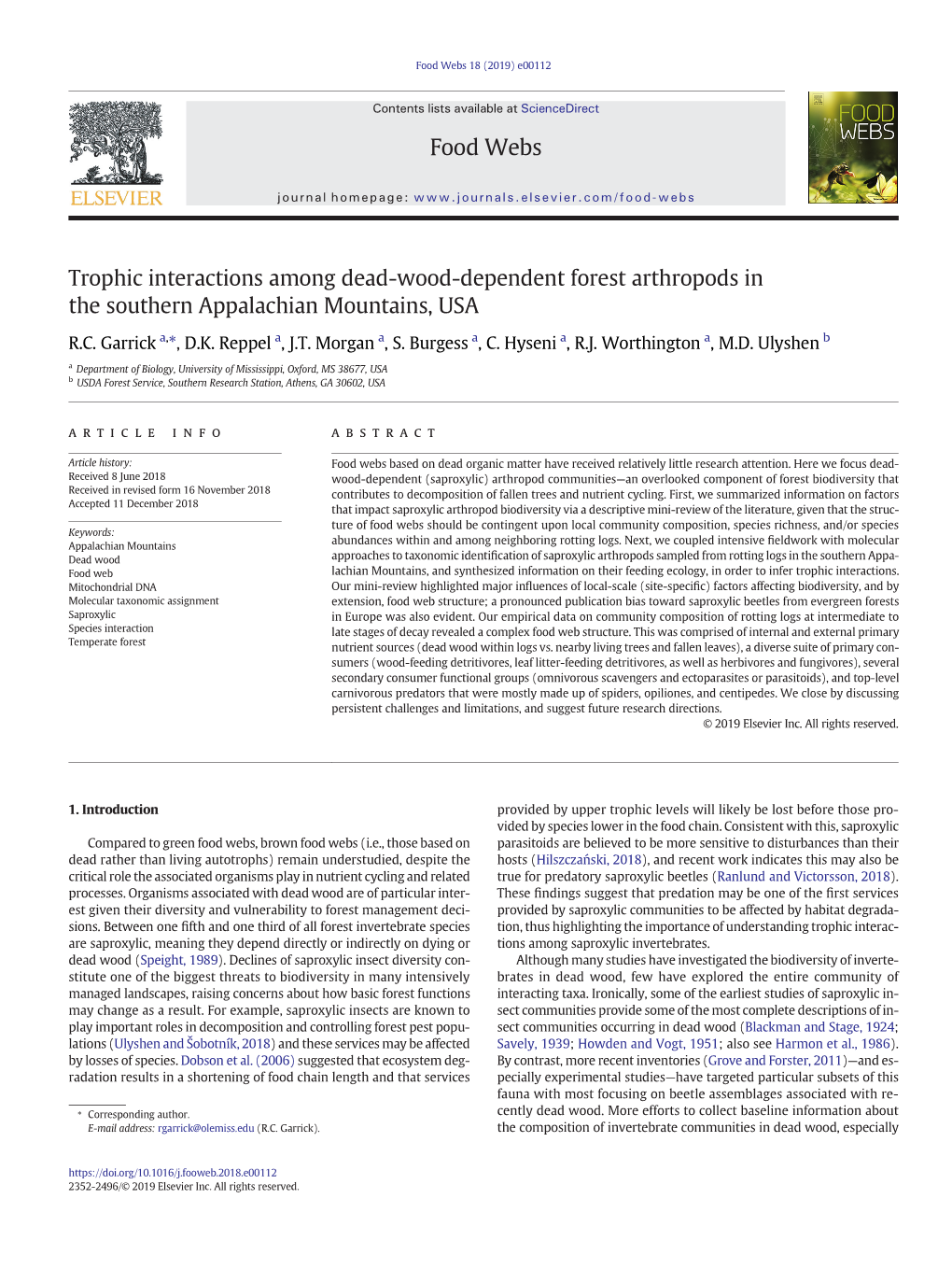 Trophic Interactions Among Dead-Wood-Dependent Forest Arthropods in the Southern Appalachian Mountains, USA