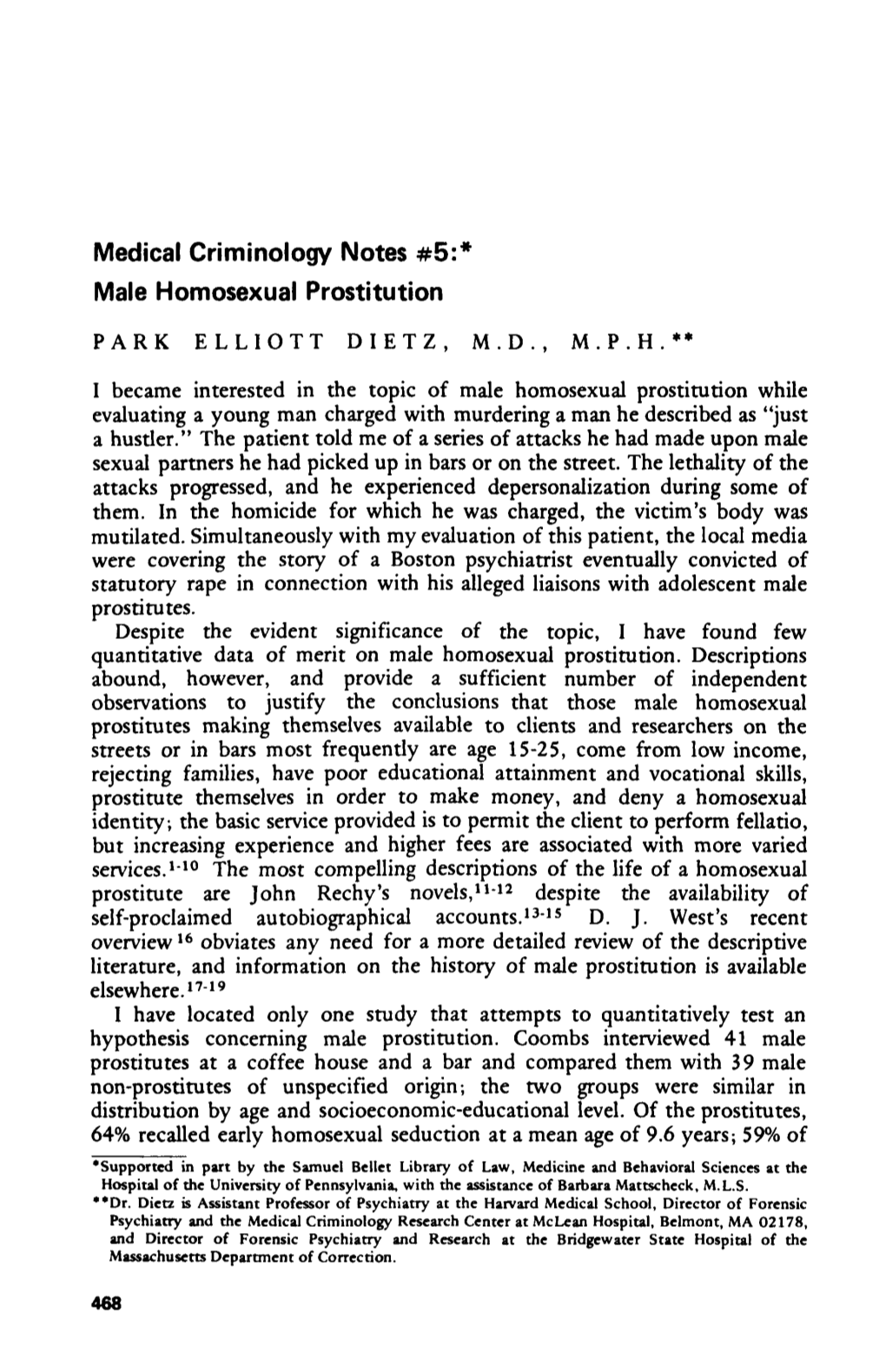 Medical Criminology Notes #5:* Male Homosexual Prostitution