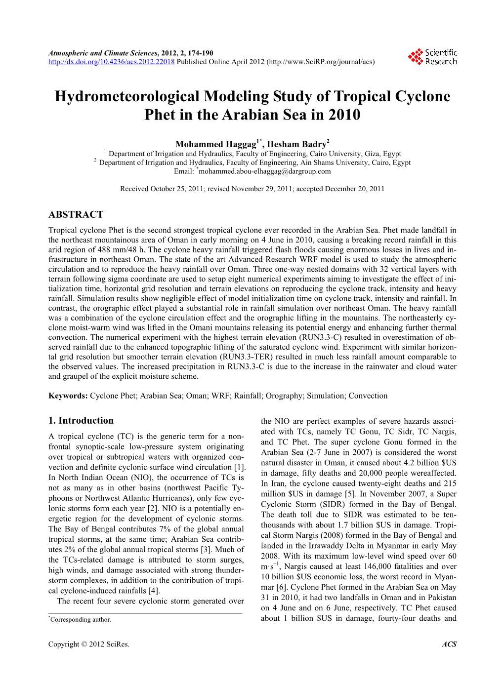 Hydrometeorological Modeling Study of Tropical Cyclone Phet in the Arabian Sea in 2010