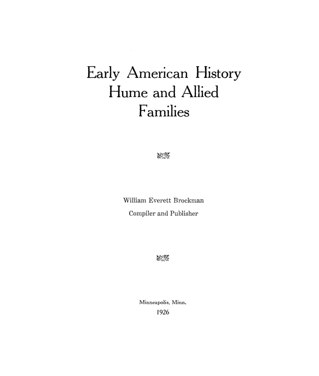 Early American History Hume and Allied Families