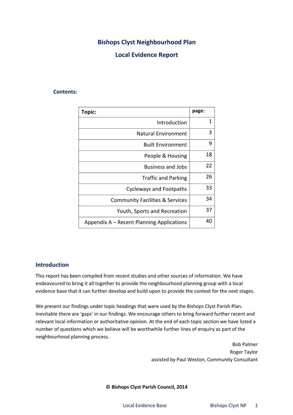 Bishops Clyst Neighbourhood Plan Local Evidence Report