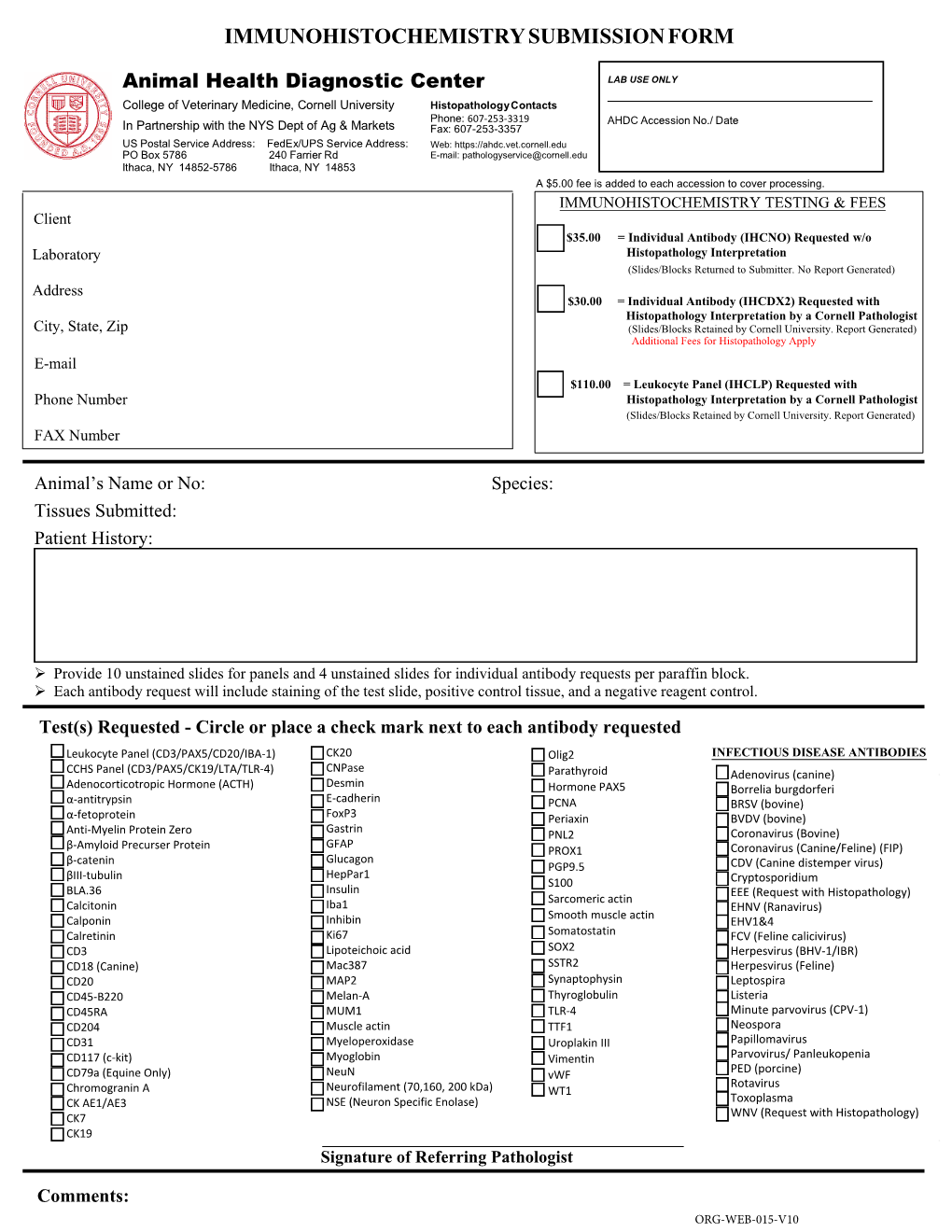 Immunohistochemistry Submission Form