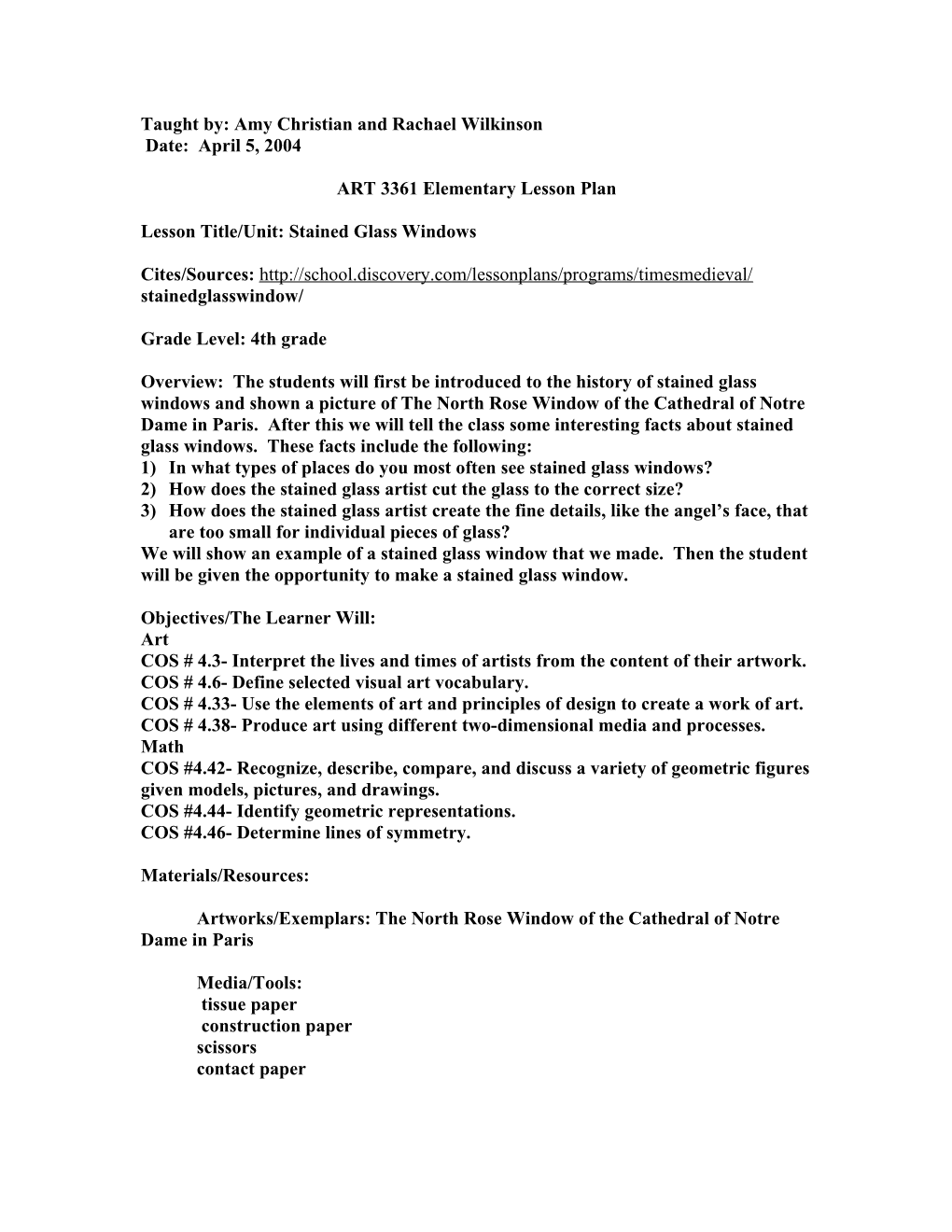 ART 3361 Elementary Lesson Plan