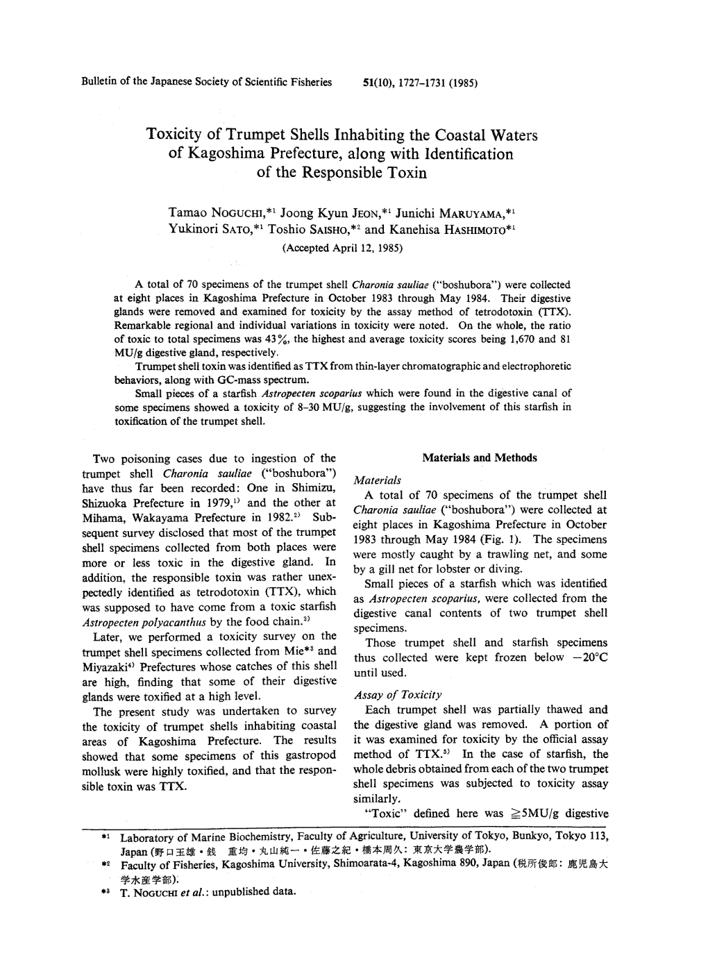 Toxicity of Trumpet Shells Inhabiting the Coastal Waters of Kagoshima Prefecture, Along with Identification of the Responsible Toxin