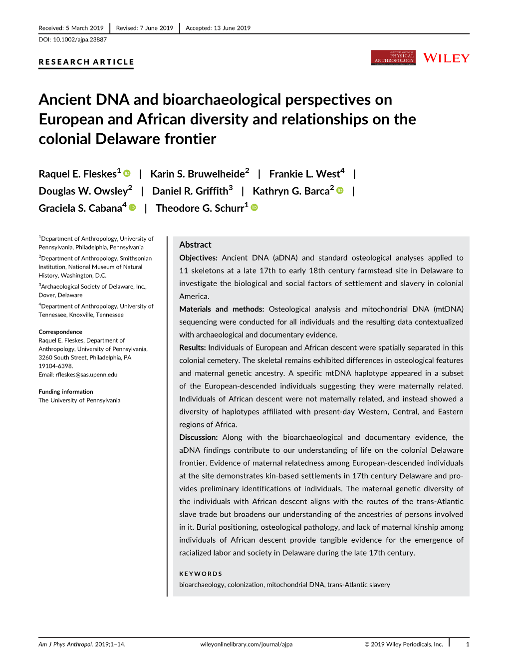 Ancient DNA and Bioarchaeological Perspectives on European and African Diversity and Relationships on the Colonial Delaware Frontier