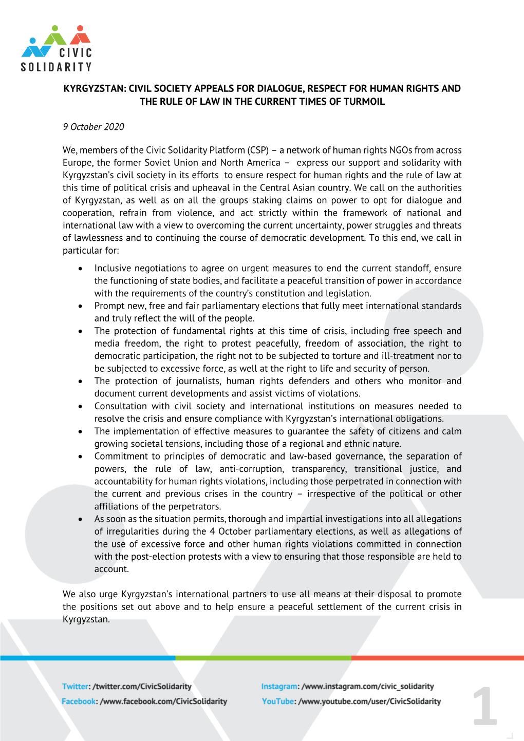 Kyrgyzstan: Civil Society Appeals for Dialogue, Respect for Human Rights and the Rule of Law in the Current Times of Turmoil