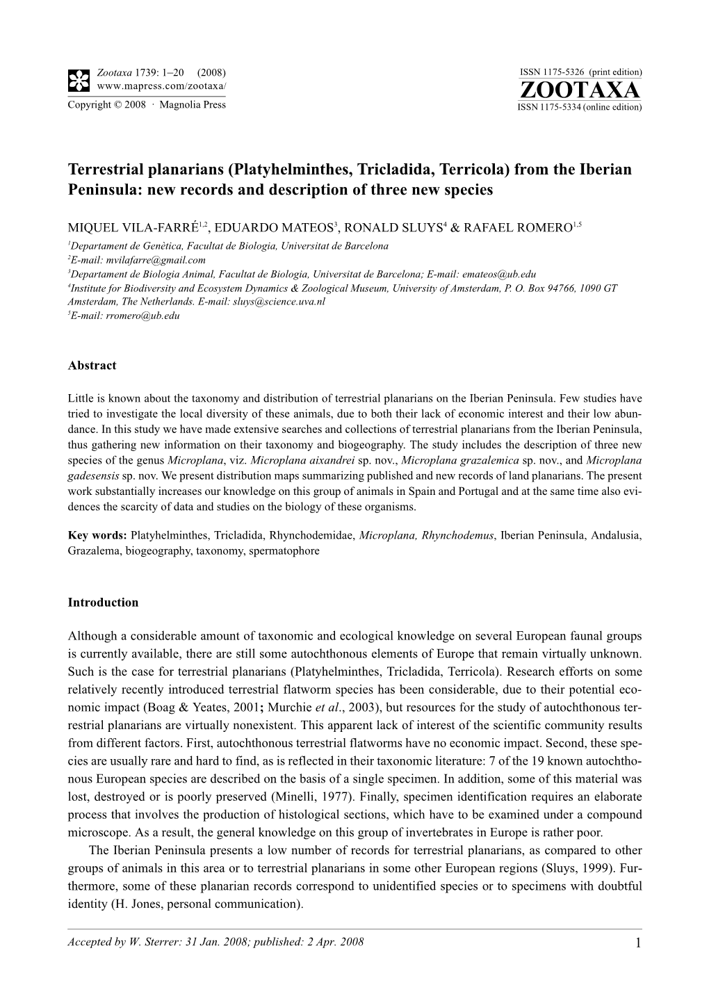 Zootaxa, Terrestrial Planarians (Platyhelminthes