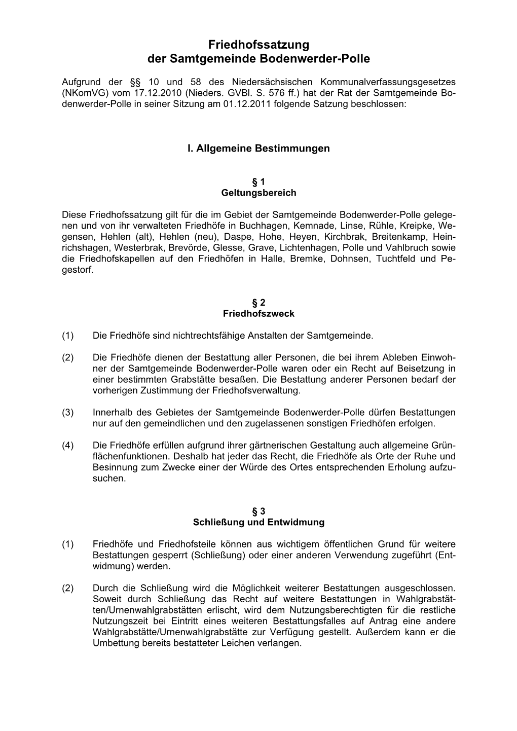 Friedhofssatzung Der Samtgemeinde Bodenwerder-Polle