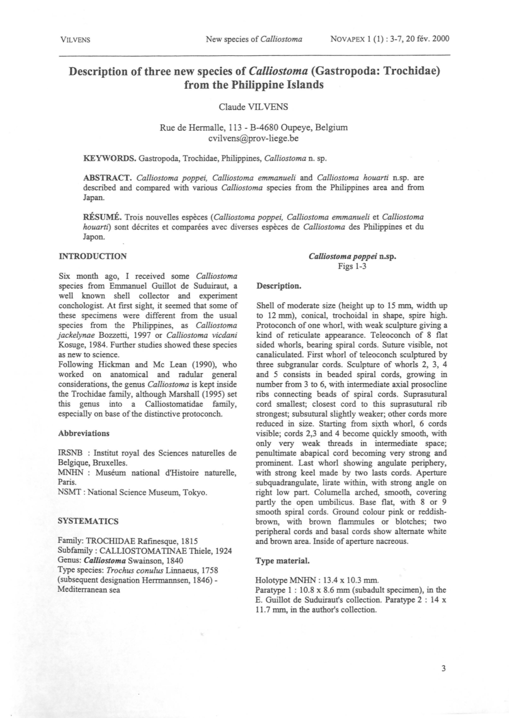 Description of Three New Species of Calliostoma (Gastropoda: Trochidae) from the Philippine Lslands