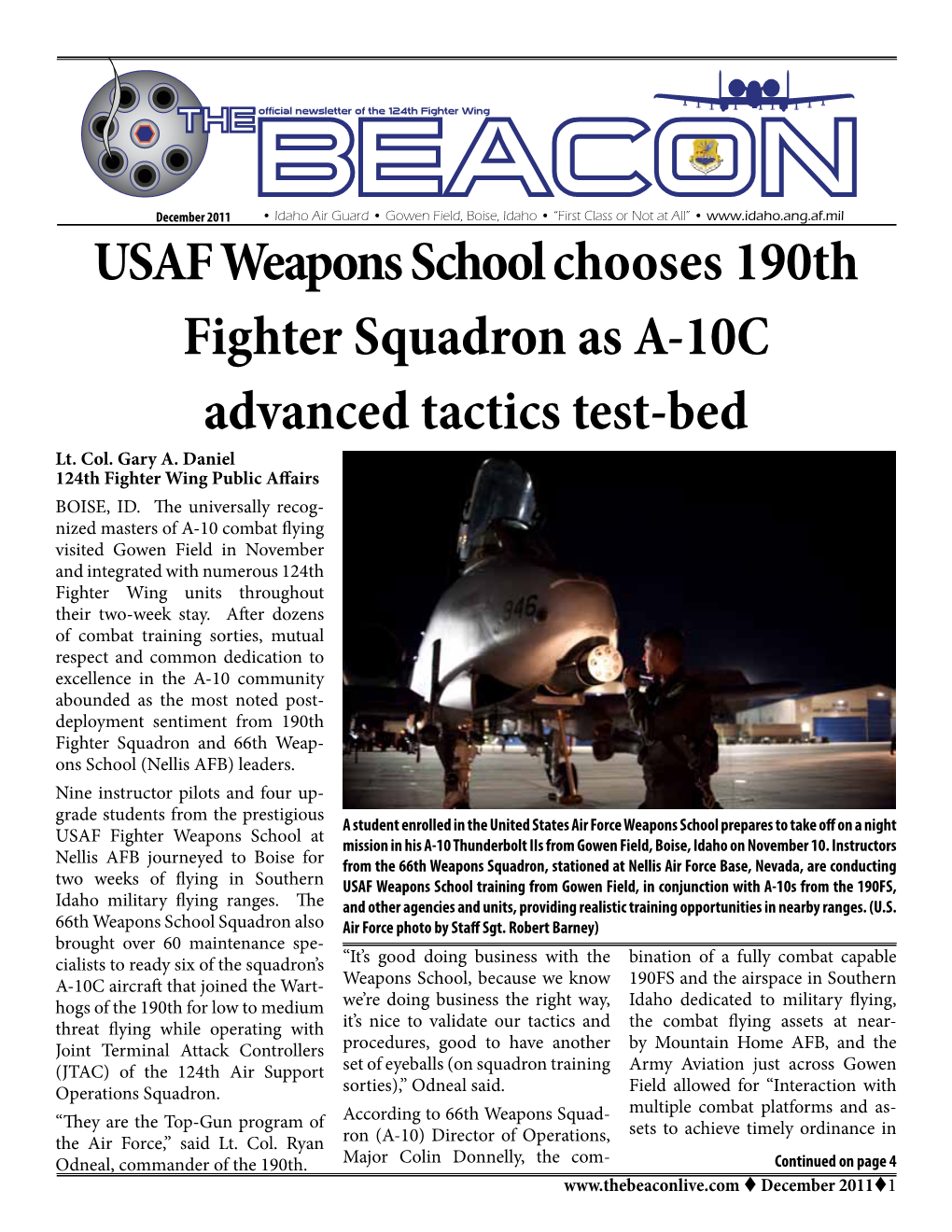 USAF Weapons School Chooses 190Th Fighter Squadron As A-10C Advanced Tactics Test-Bed Lt