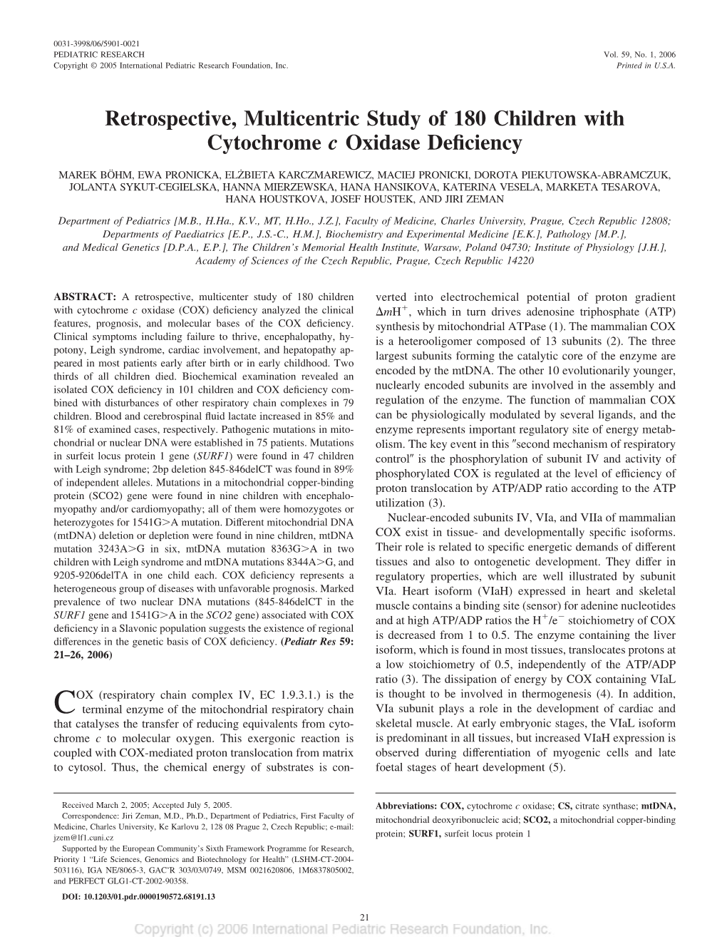 Retrospective, Multicentric Study of 180 Children with Cytochrome C Oxidase Deﬁciency