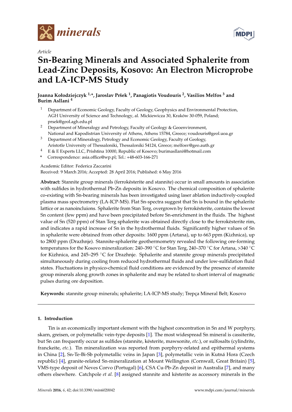 Sn-Bearing Minerals and Associated Sphalerite from Lead-Zinc Deposits, Kosovo: an Electron Microprobe and LA-ICP-MS Study