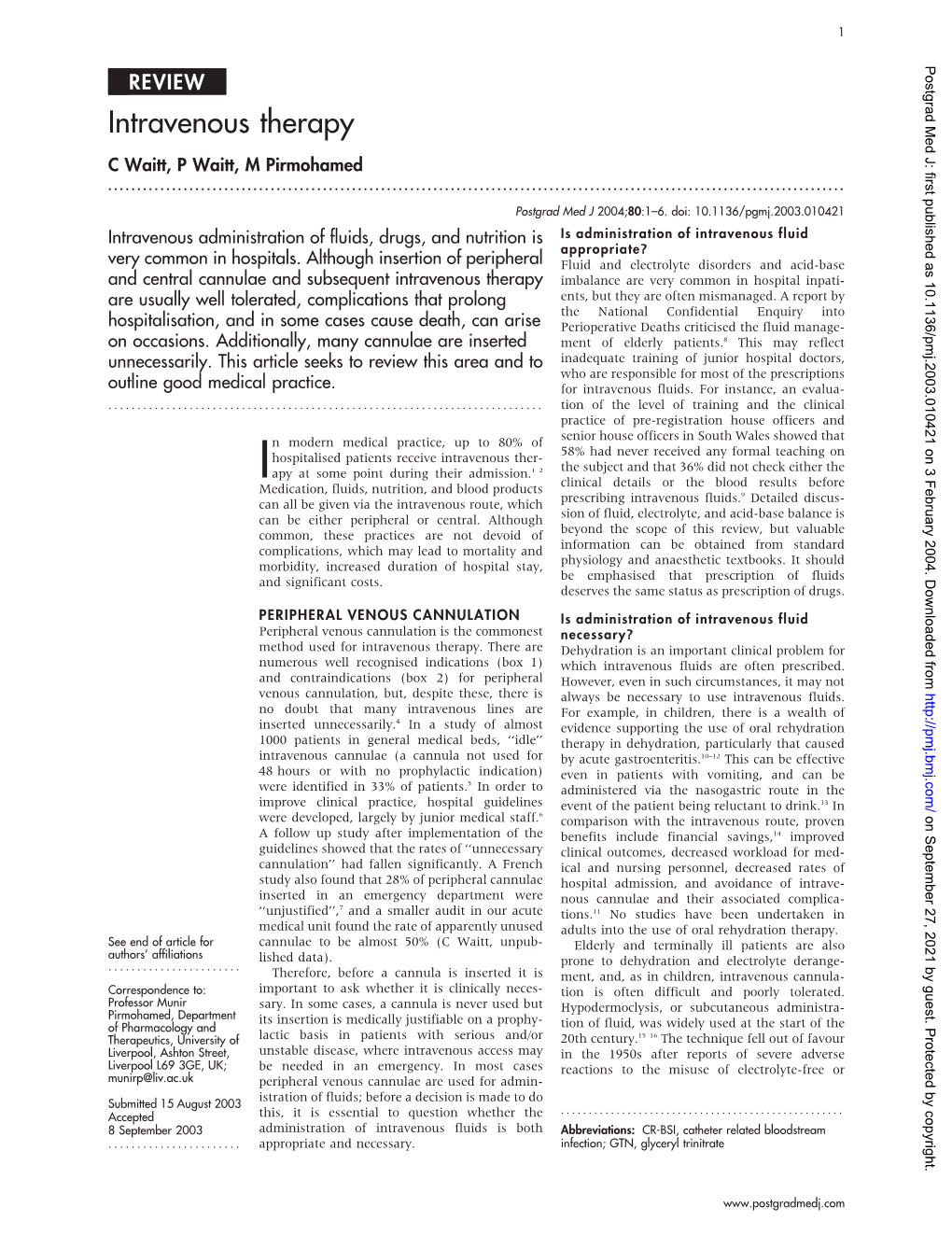 Intravenous Therapy C Waitt, P Waitt, M Pirmohamed