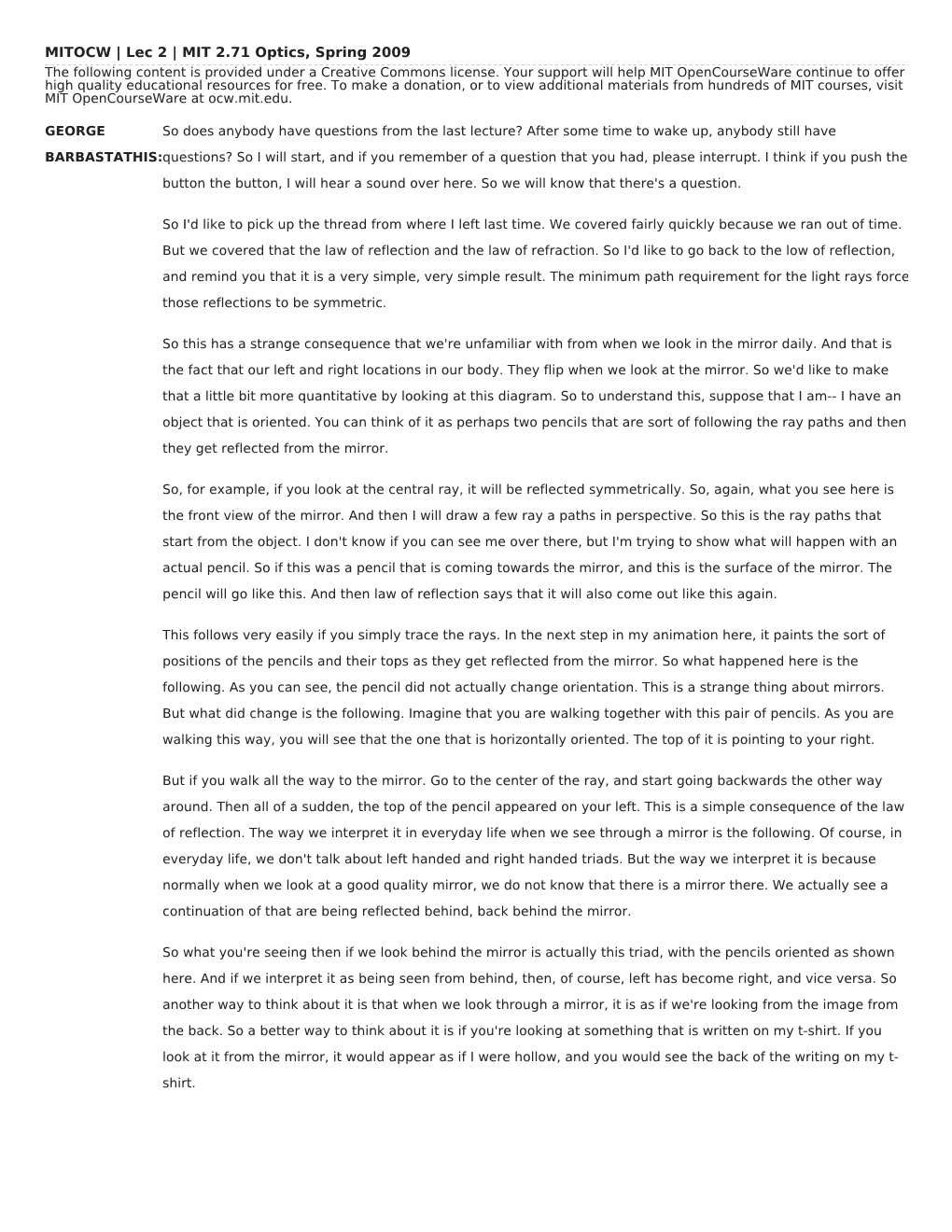 MITOCW | Lec 2 | MIT 2.71 Optics, Spring 2009 the Following Content Is Provided Under a Creative Commons License