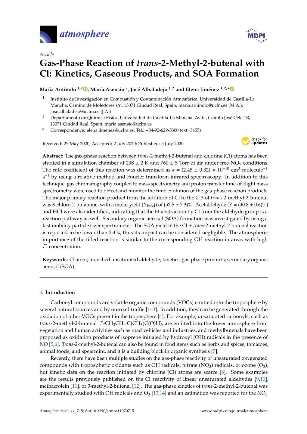 Gas-Phase Reaction of Trans-2-Methyl-2-Butenal with Cl: Kinetics, Gaseous Products, and SOA Formation