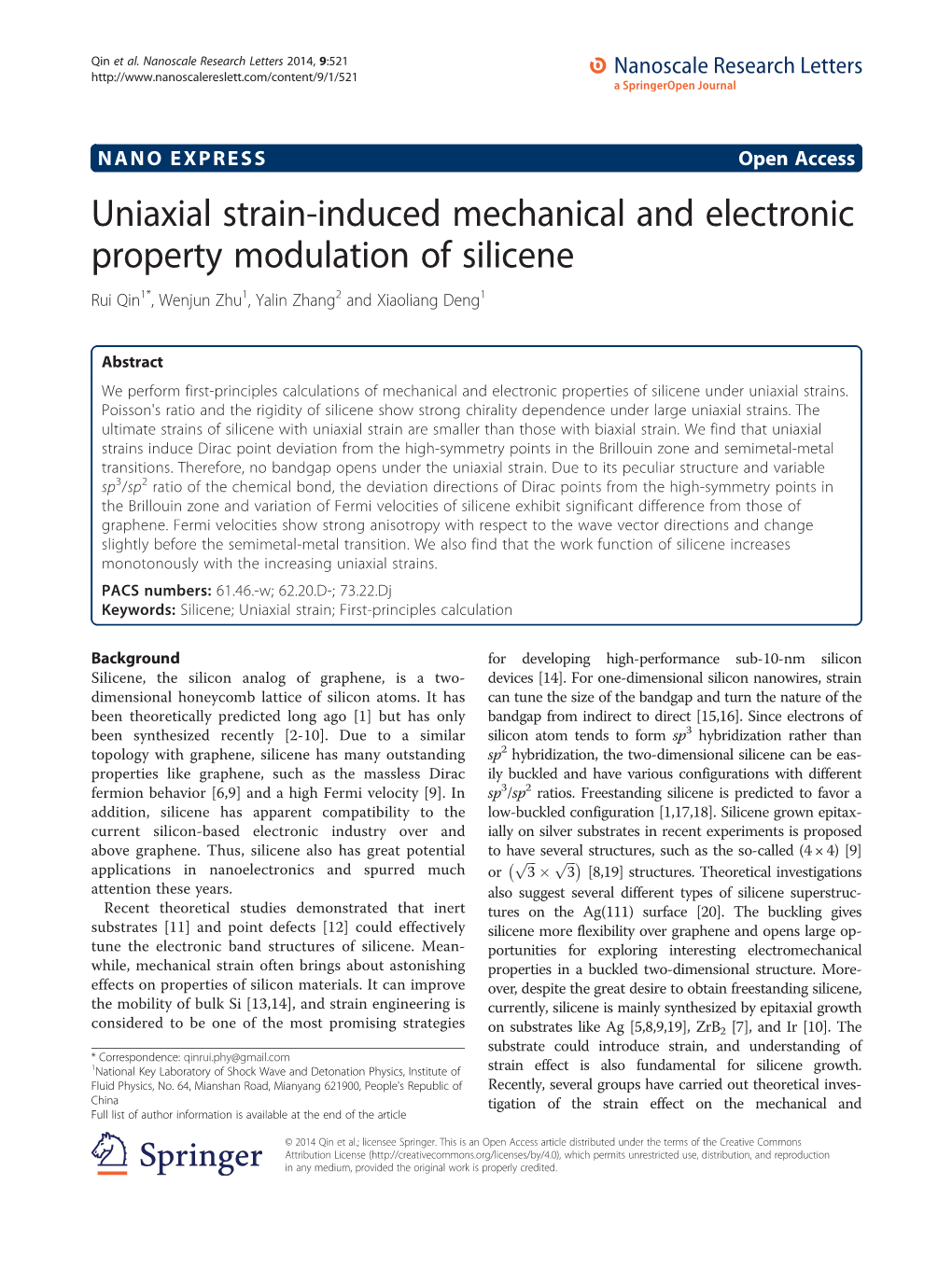 Uniaxial Strain-Induced Mechanical and Electronic Property Modulation of Silicene Rui Qin1*, Wenjun Zhu1, Yalin Zhang2 and Xiaoliang Deng1