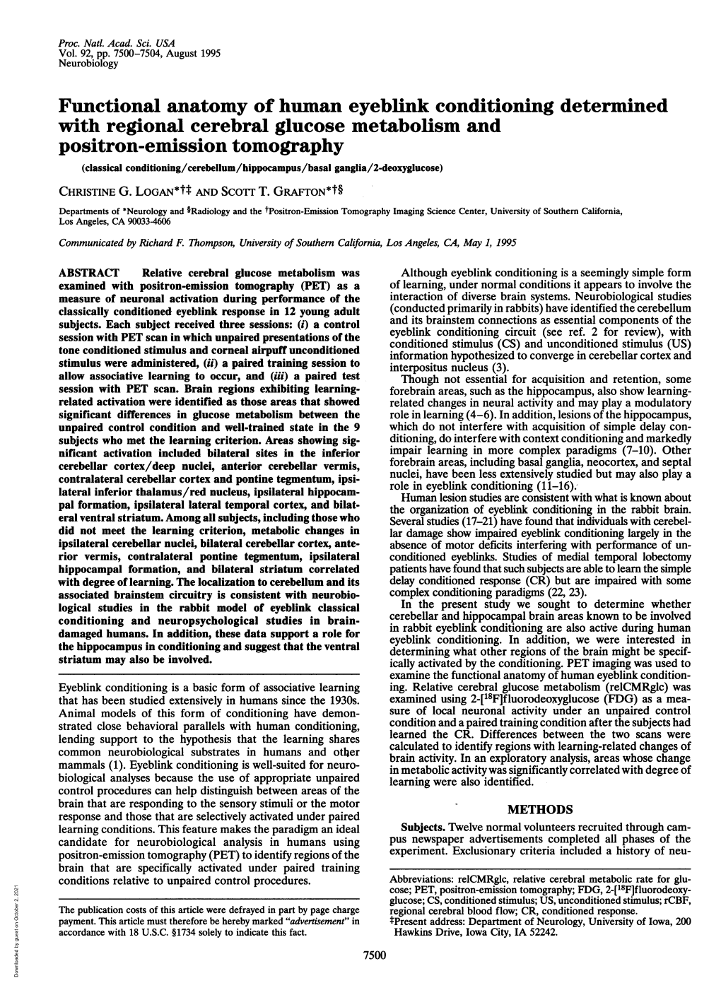 Positron-Emission Tomography (Classical Conditioning/Cerebellum/Hippocampus/Basal Ganglia/2-Deoxyglucose) CHRISTINE G