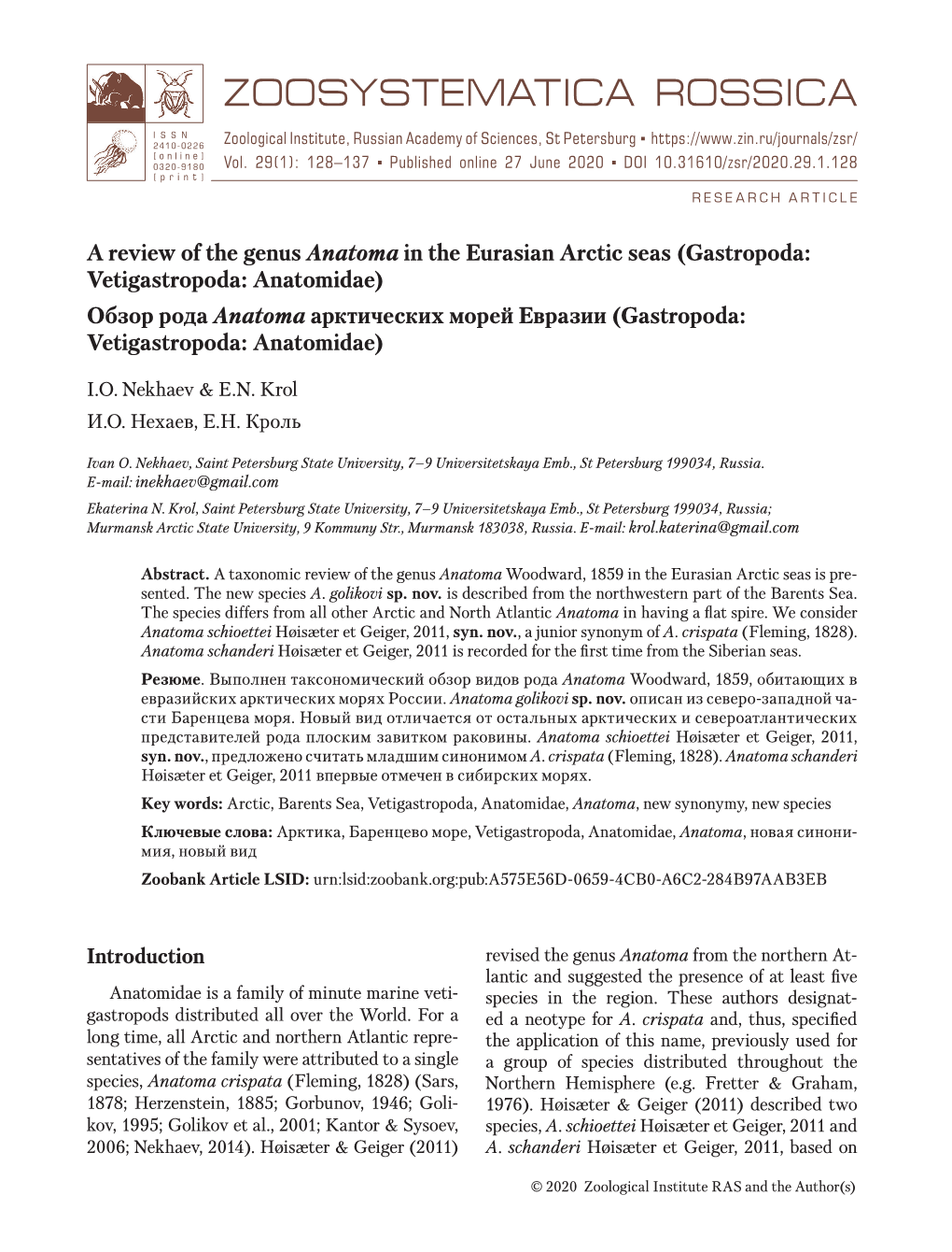 A Review of the Genus Anatoma in the Eurasian Arctic Seas (Gastropoda