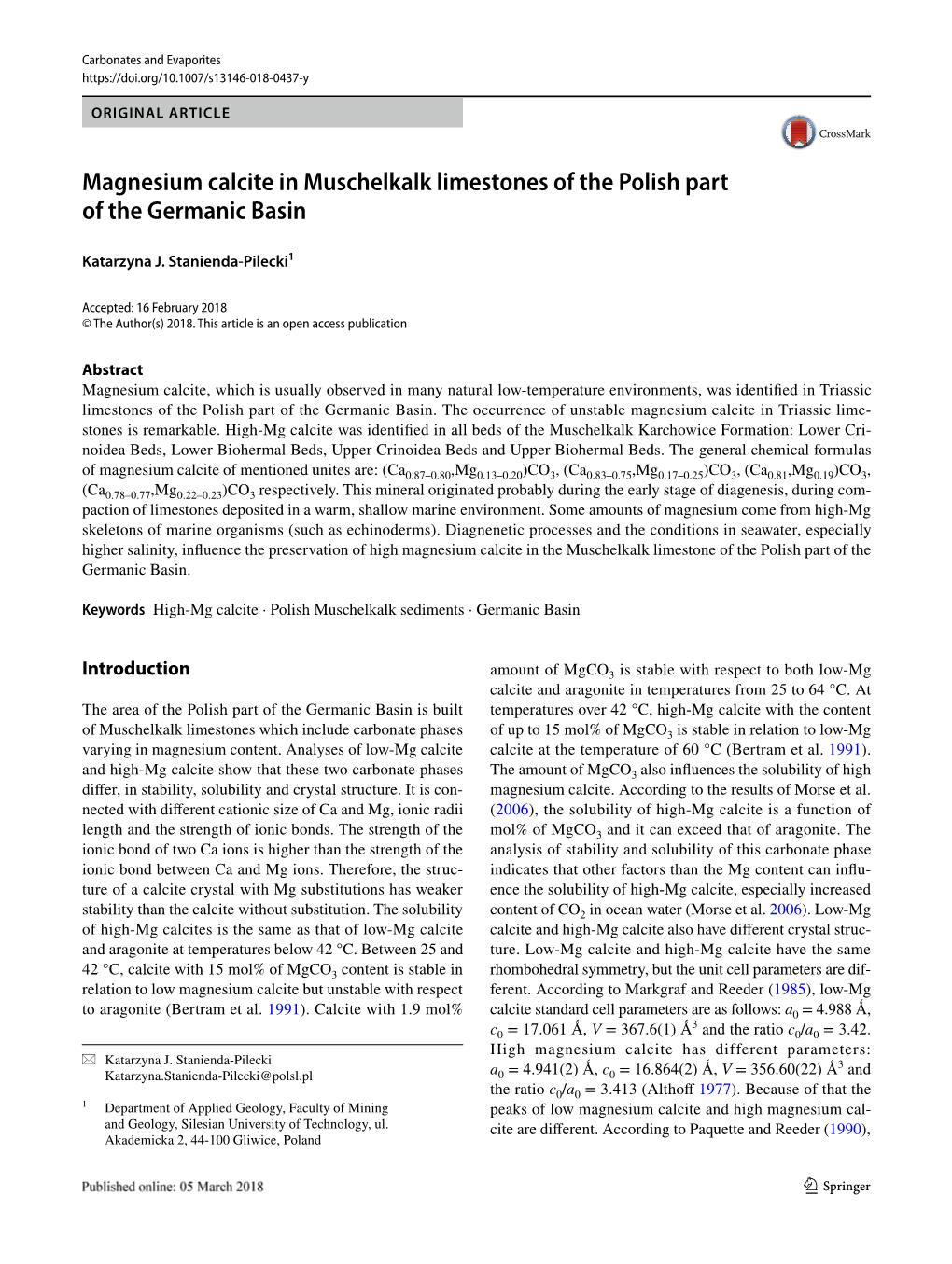 Magnesium Calcite in Muschelkalk Limestones of the Polish Part of the Germanic Basin