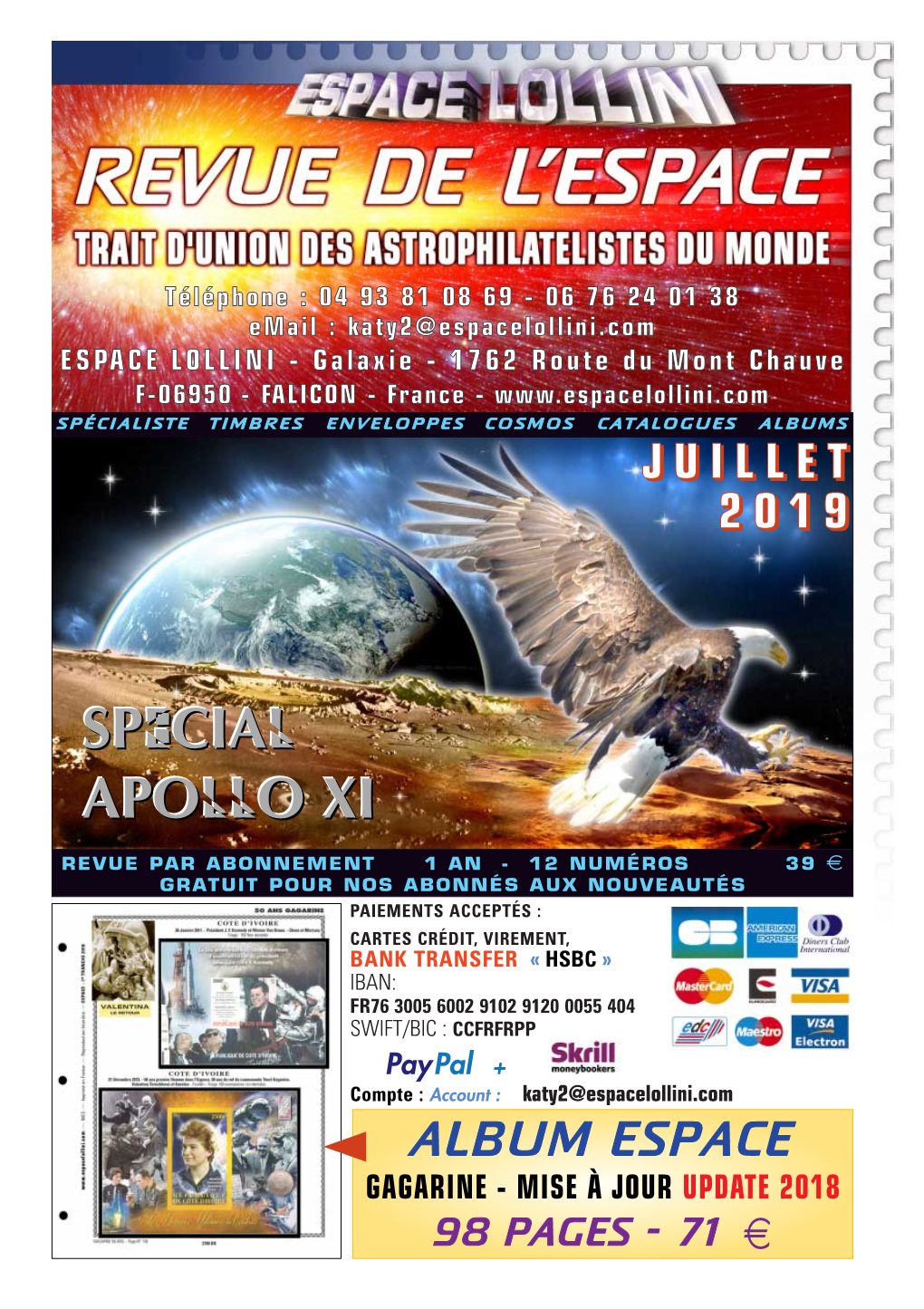 JUILLET 2019 2 NOUVEAUX TIMBRES COSMOS ET THÈMES ASSOCIÉS — PRIX NETS EN 3 MONNAIES - ARGENT Avec ORDRE