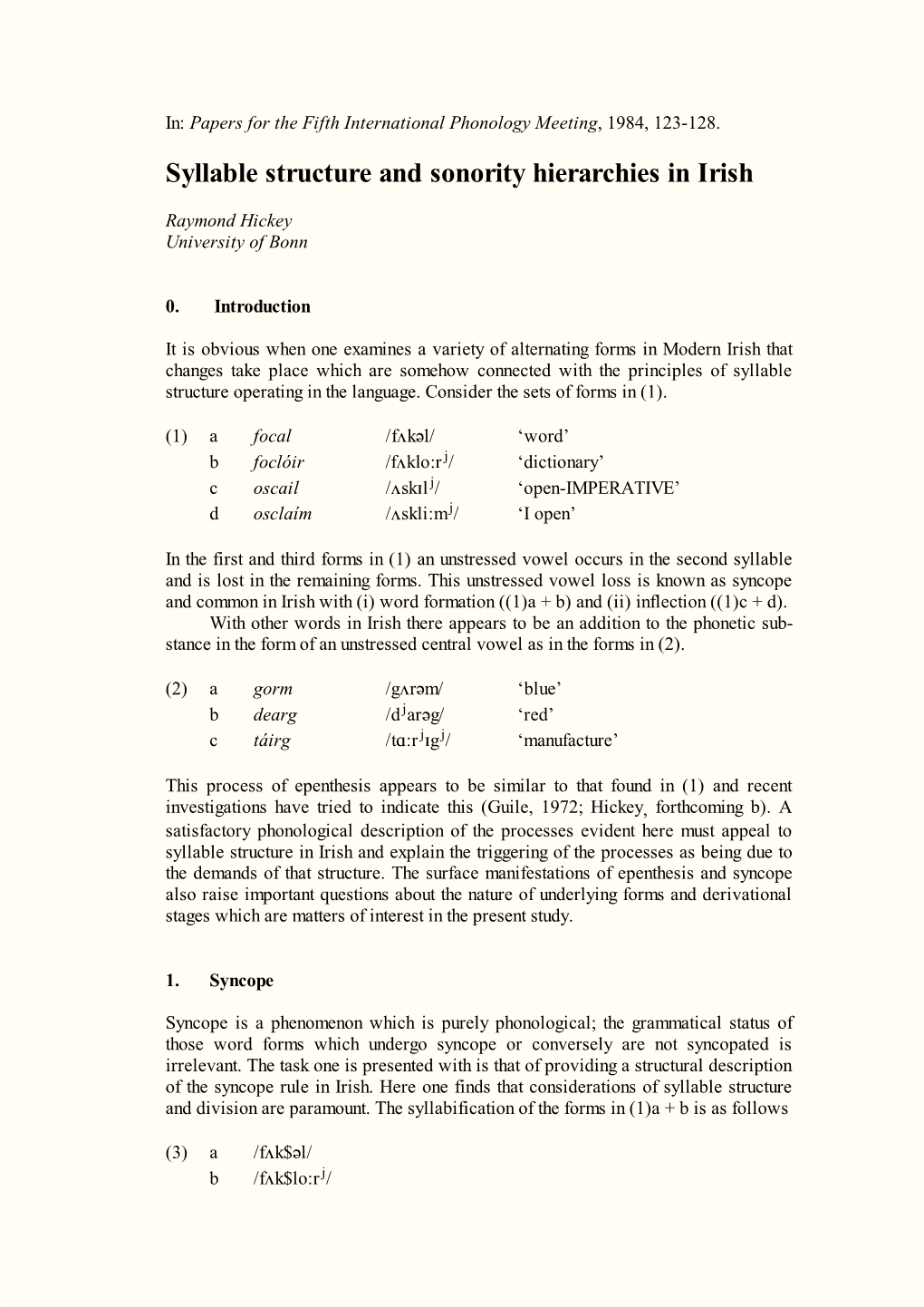 Syllable Structure and Sonority Hierarchies in Irish