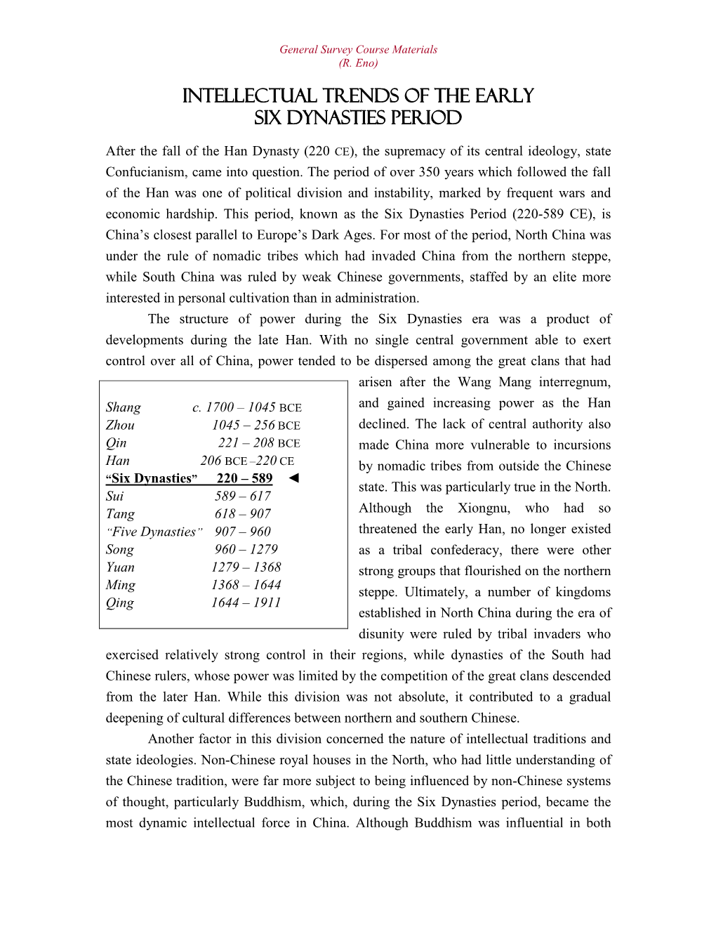 Intellectual Trends of the Early Six Dynasties Period