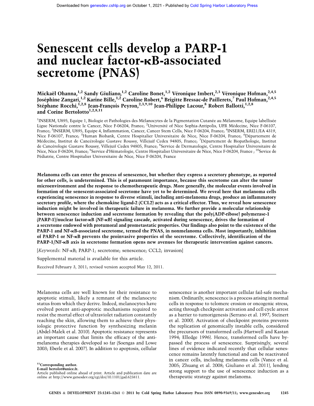 Senescent Cells Develop a PARP-1 and Nuclear Factor-Kb-Associated Secretome (PNAS)
