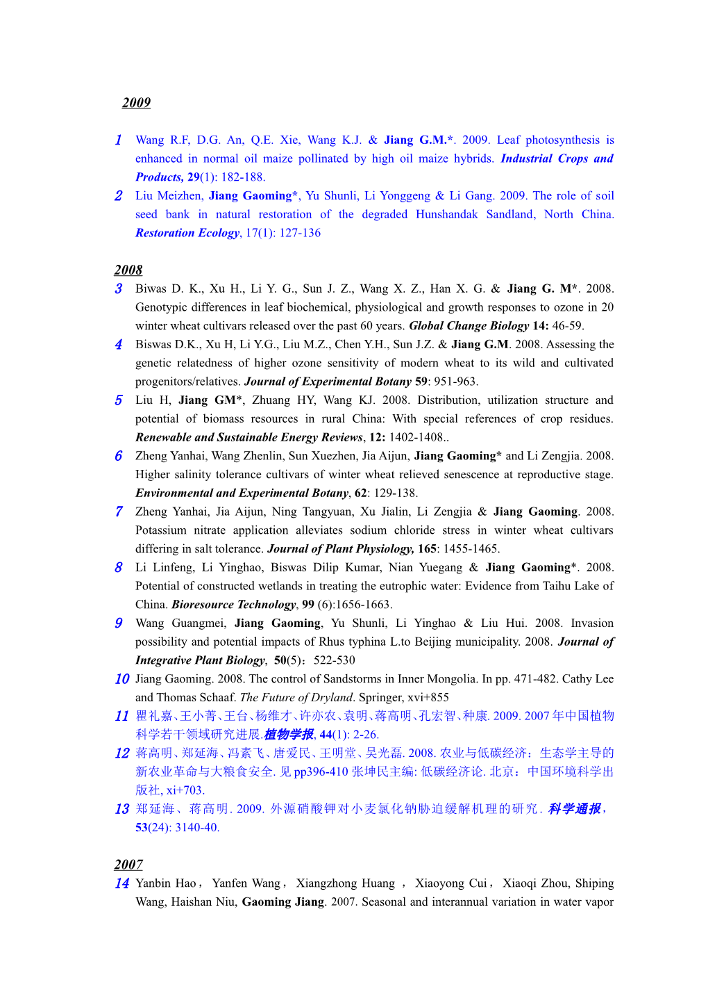 1 Wang R.F, D.G. An, Q.E. Xie, Wang K.J. & Jiang G.M.*. 2009. Leaf Photosynthesis Is Enhanced