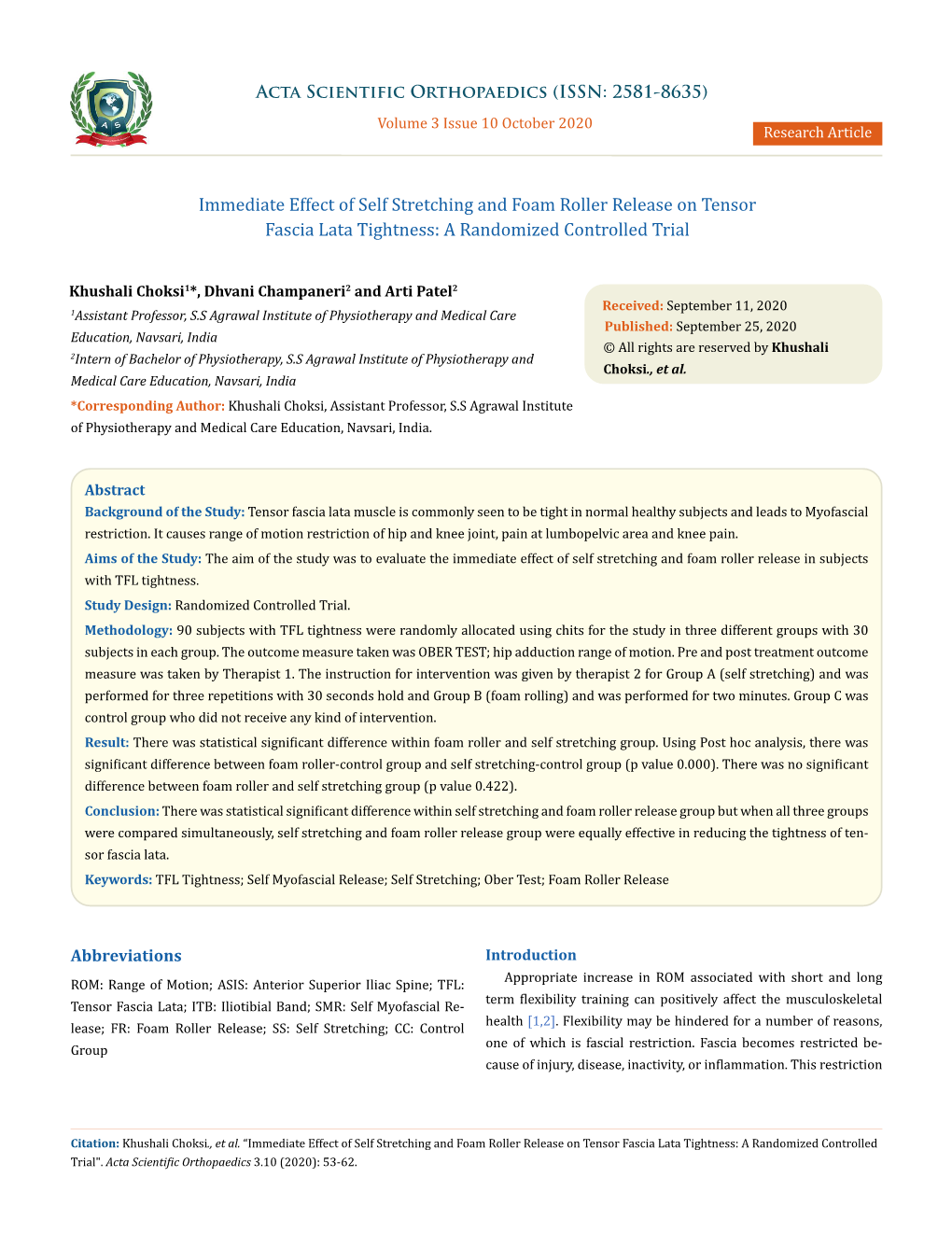 Immediate Effect of Self Stretching and Foam Roller Release on Tensor Fascia Lata Tightness: a Randomized Controlled Trial