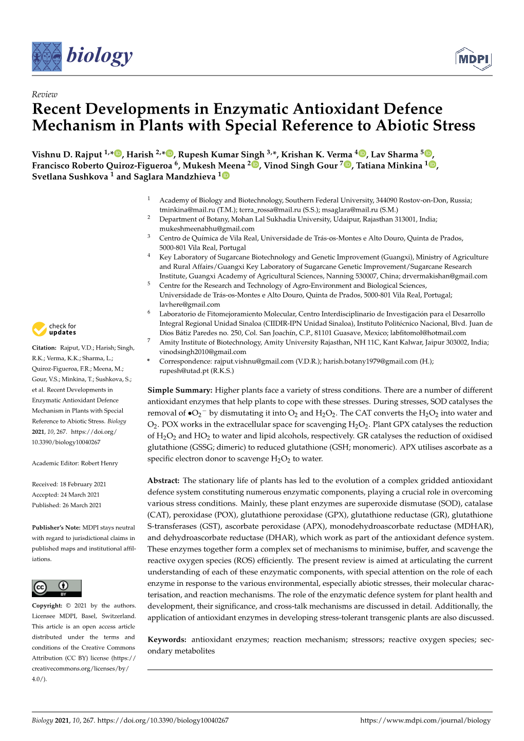 Recent Developments in Enzymatic Antioxidant Defence Mechanism in Plants with Special Reference to Abiotic Stress