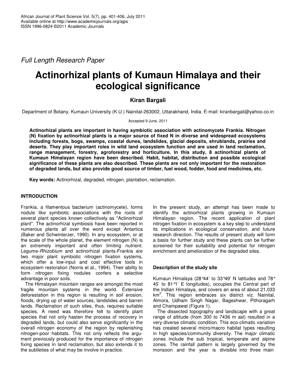 Actinorhizal Plants of Kumaun Himalaya and Their Ecological Significance
