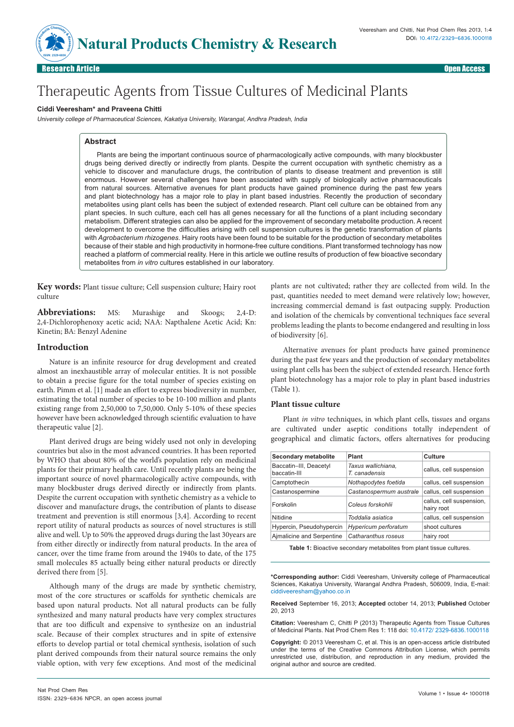 Therapeutic Agents from Tissue Cultures of Medicinal Plants