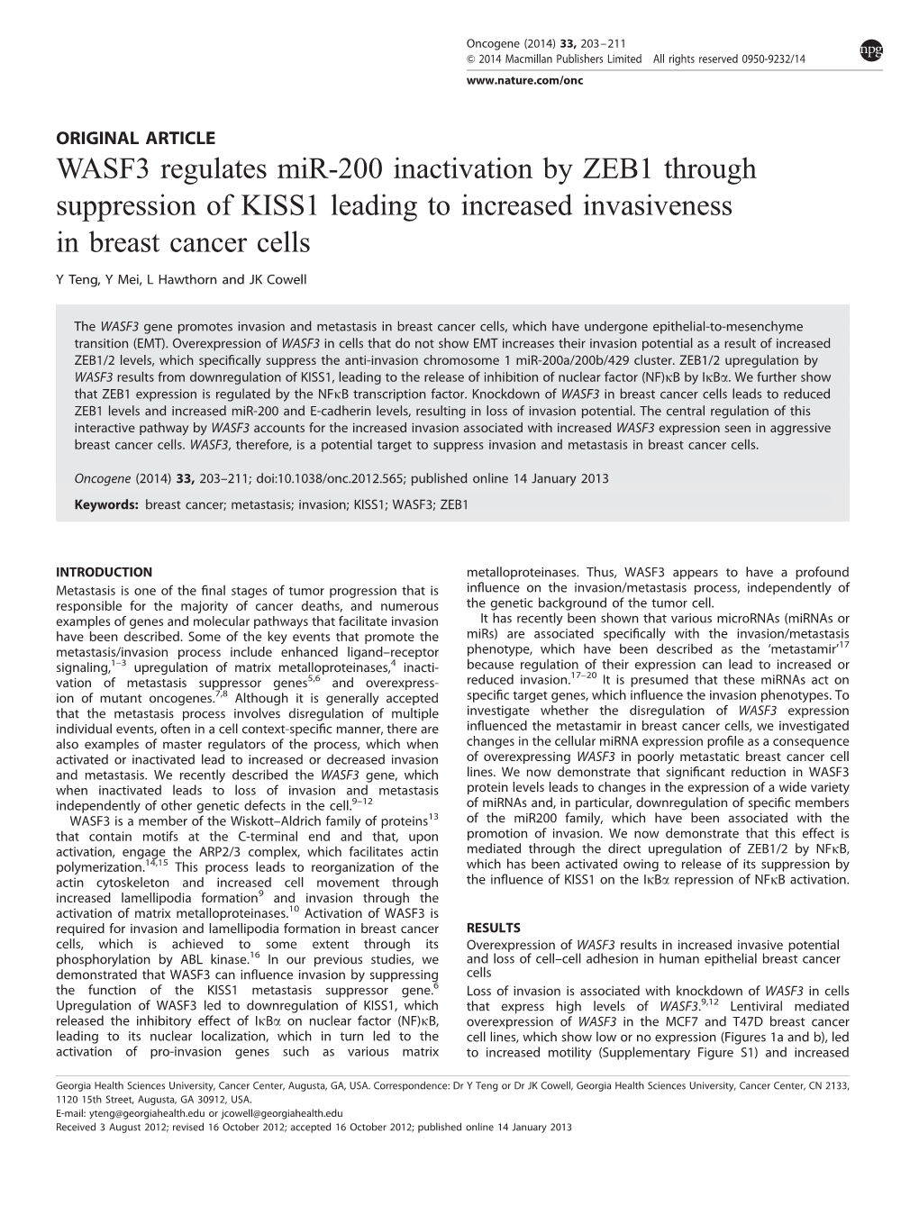 WASF3 Regulates Mir-200 Inactivation by ZEB1 Through Suppression of KISS1 Leading to Increased Invasiveness in Breast Cancer Cells