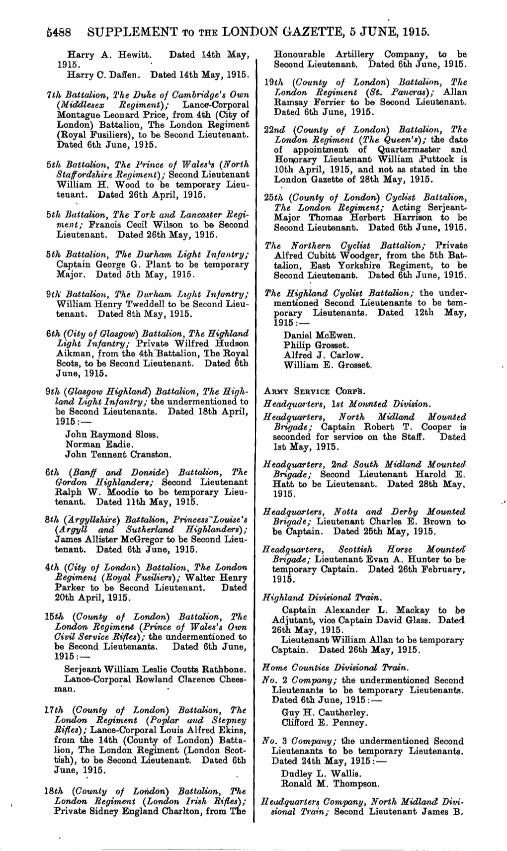 5488 Supplement to the London Gazette, 5 June, 1915