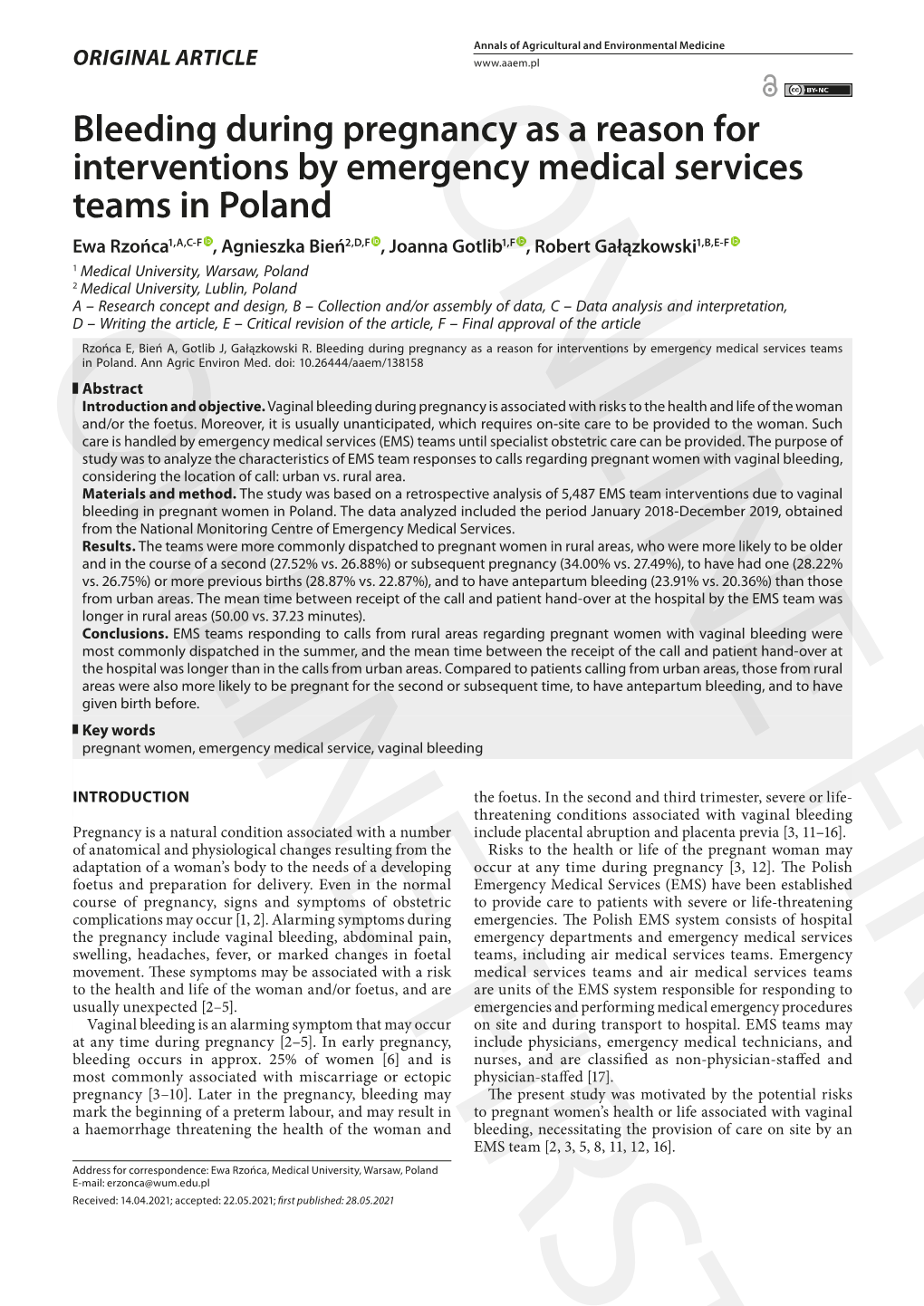 Bleeding During Pregnancy As a Reason for Interventions by Emergency Medical Services Teams in Poland